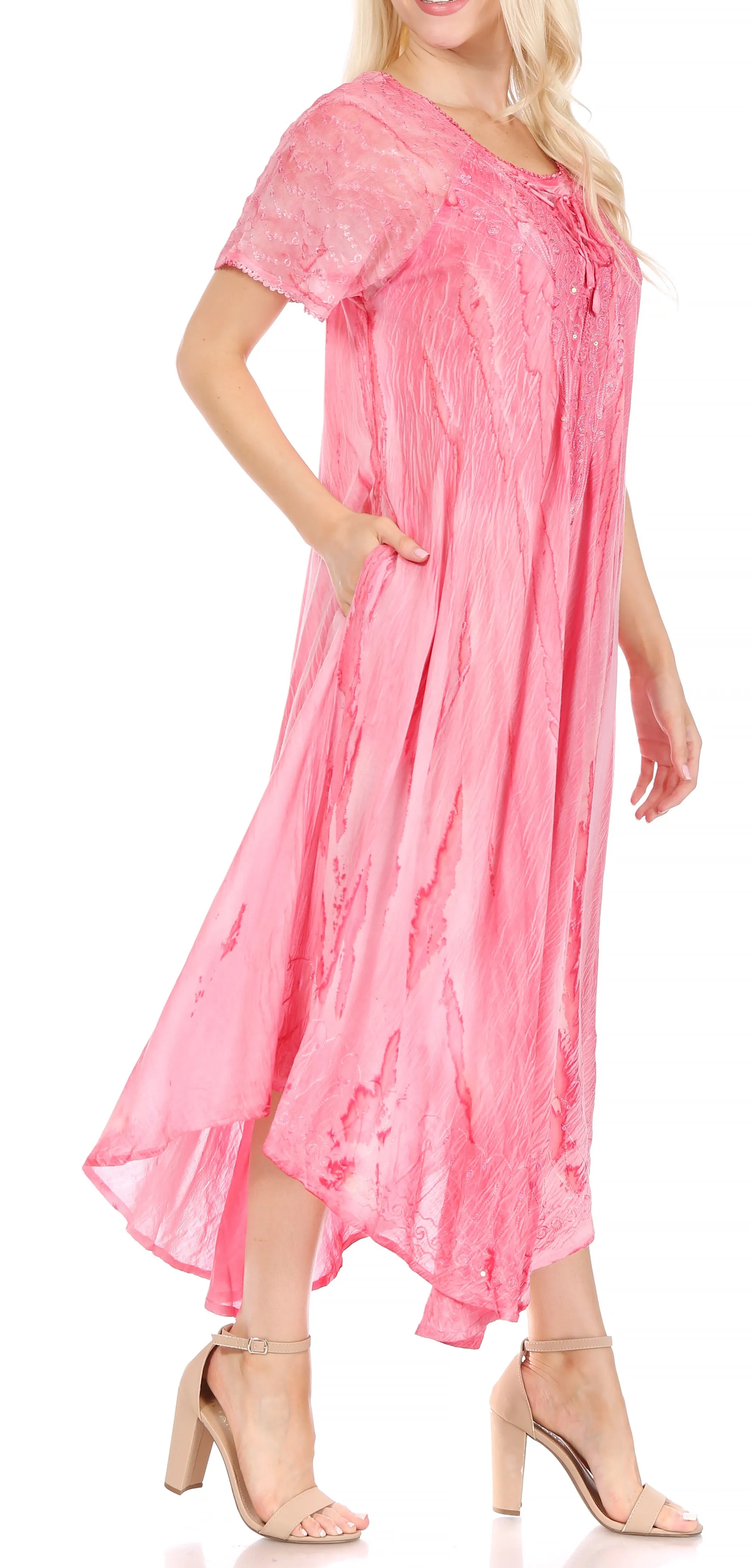 Sakkas Myani Two Tone Embroidered Sheer Cap Sleeve Caftan Long Dress | Cover Up