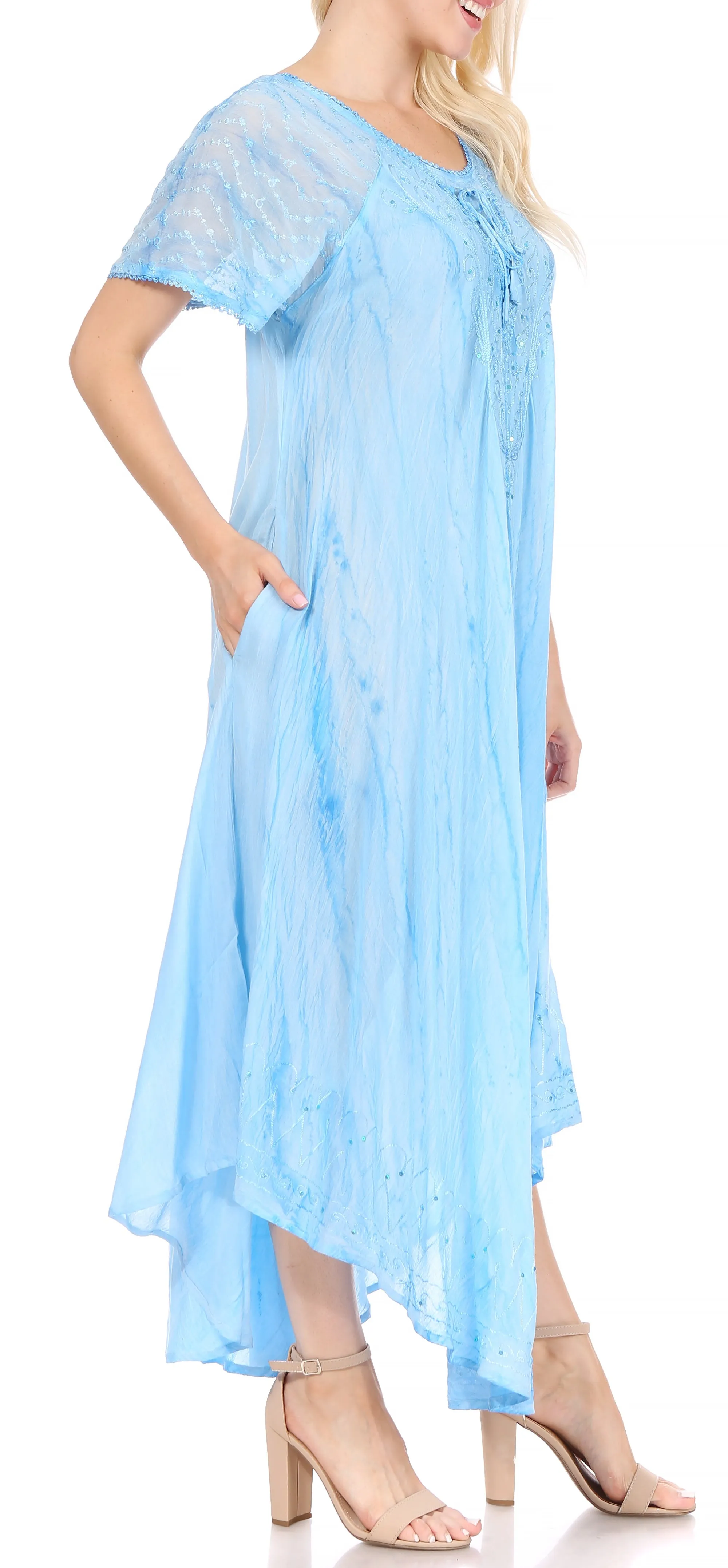 Sakkas Myani Two Tone Embroidered Sheer Cap Sleeve Caftan Long Dress | Cover Up