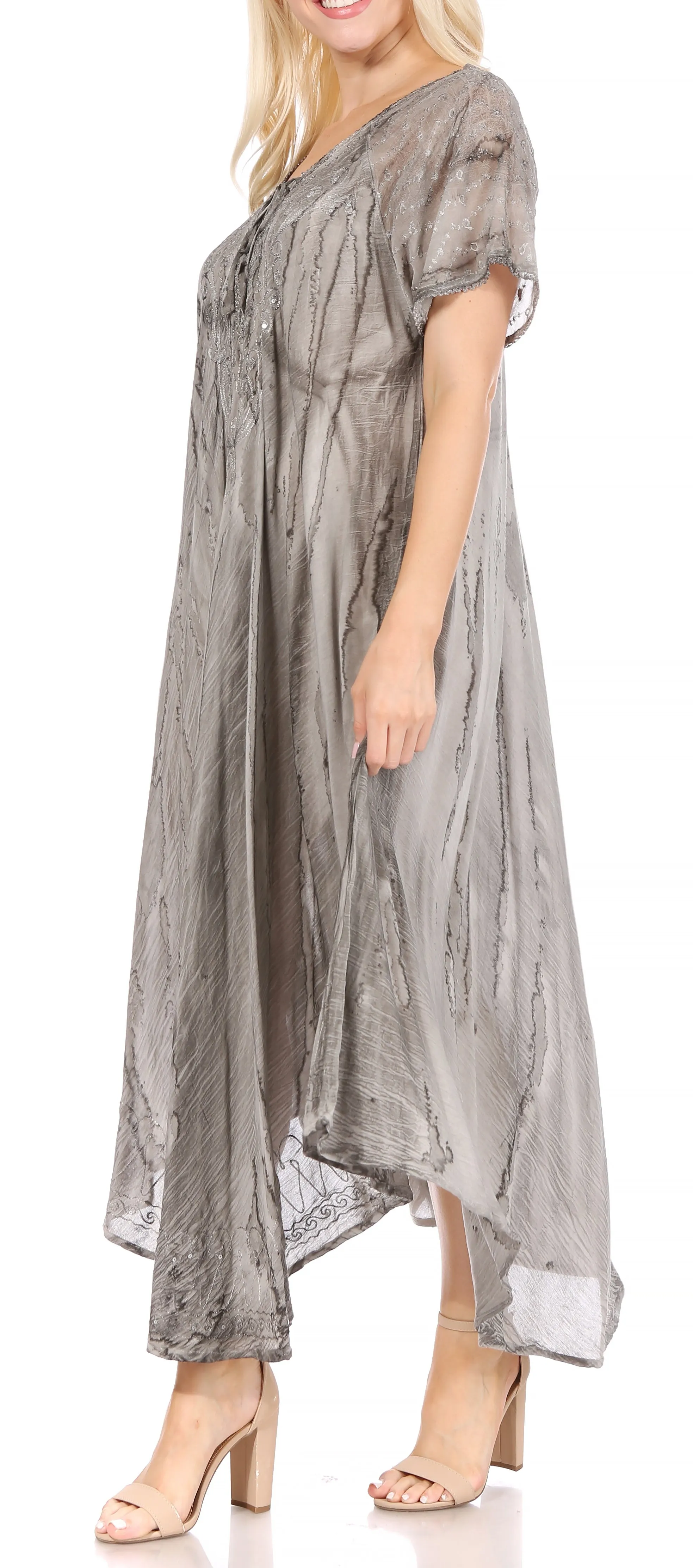 Sakkas Myani Two Tone Embroidered Sheer Cap Sleeve Caftan Long Dress | Cover Up