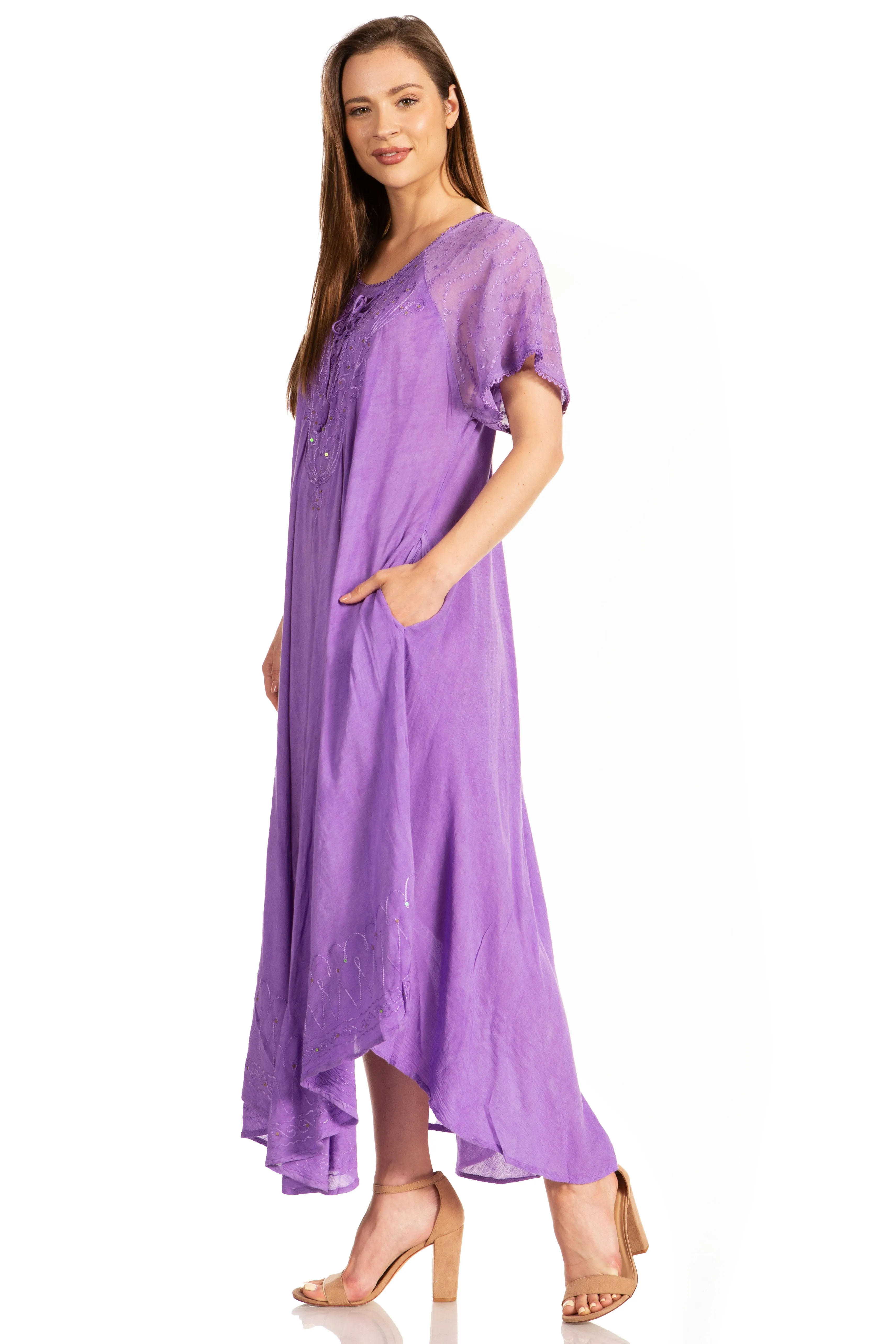 Sakkas Myani Two Tone Embroidered Sheer Cap Sleeve Caftan Long Dress | Cover Up