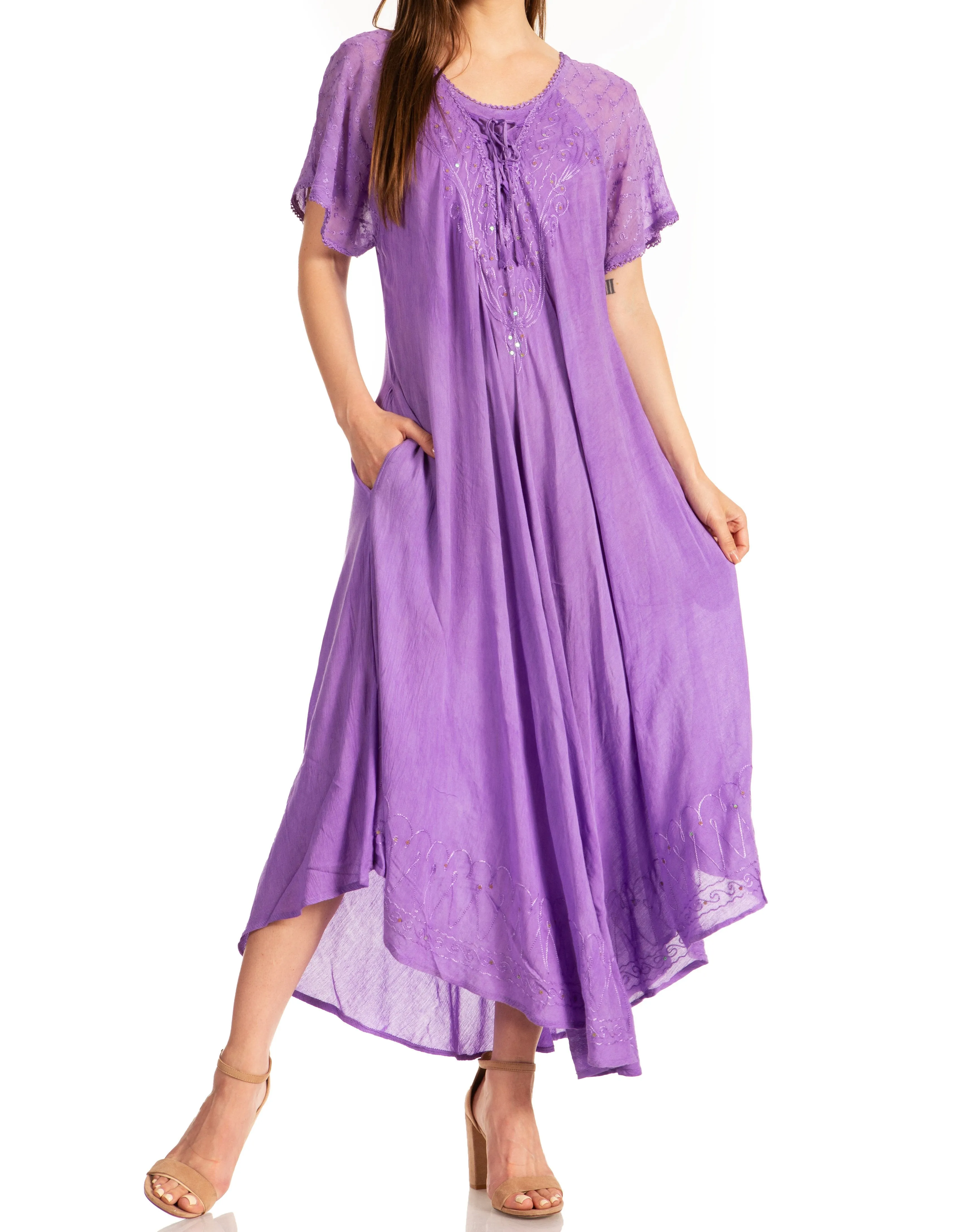 Sakkas Myani Two Tone Embroidered Sheer Cap Sleeve Caftan Long Dress | Cover Up