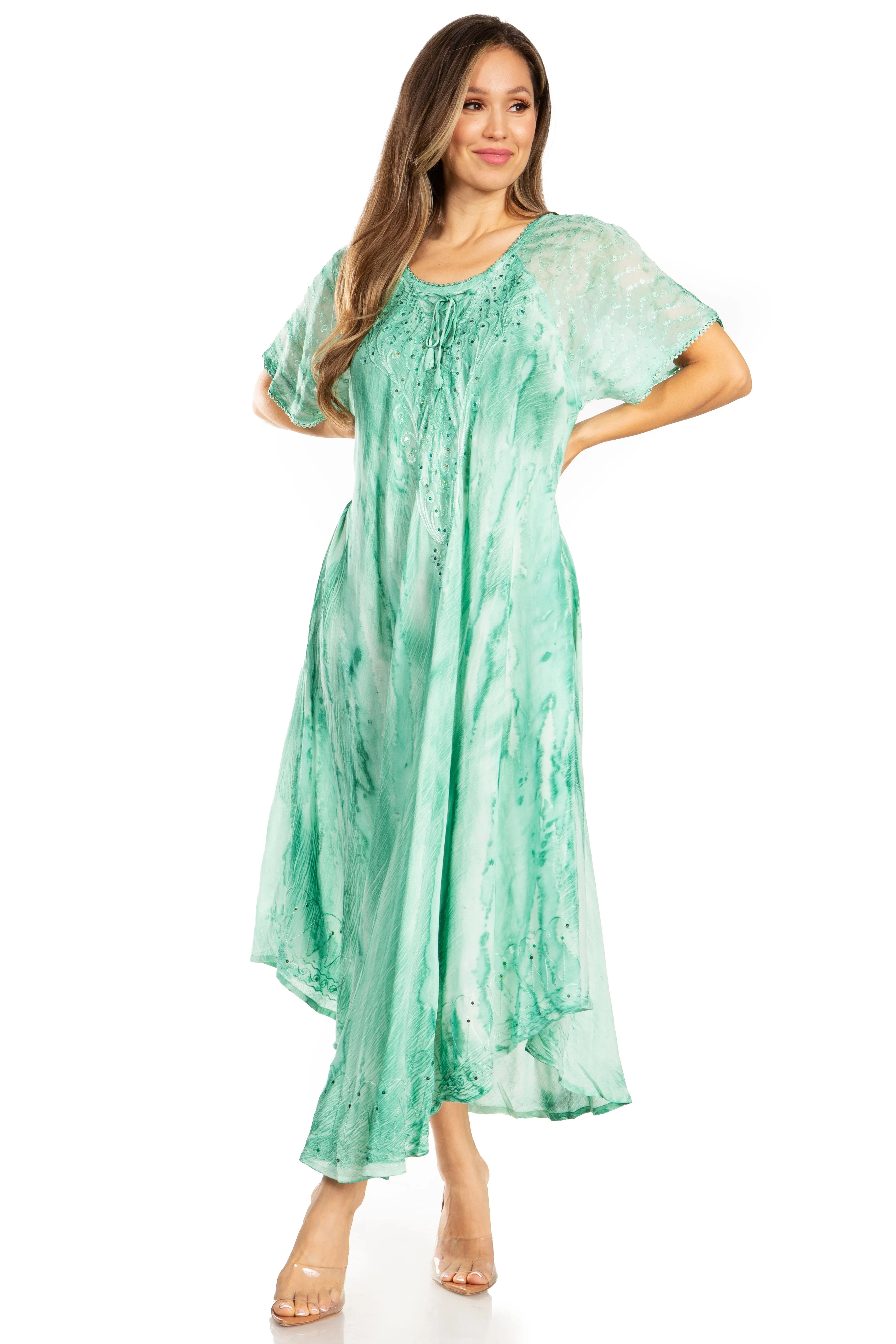 Sakkas Myani Two Tone Embroidered Sheer Cap Sleeve Caftan Long Dress | Cover Up