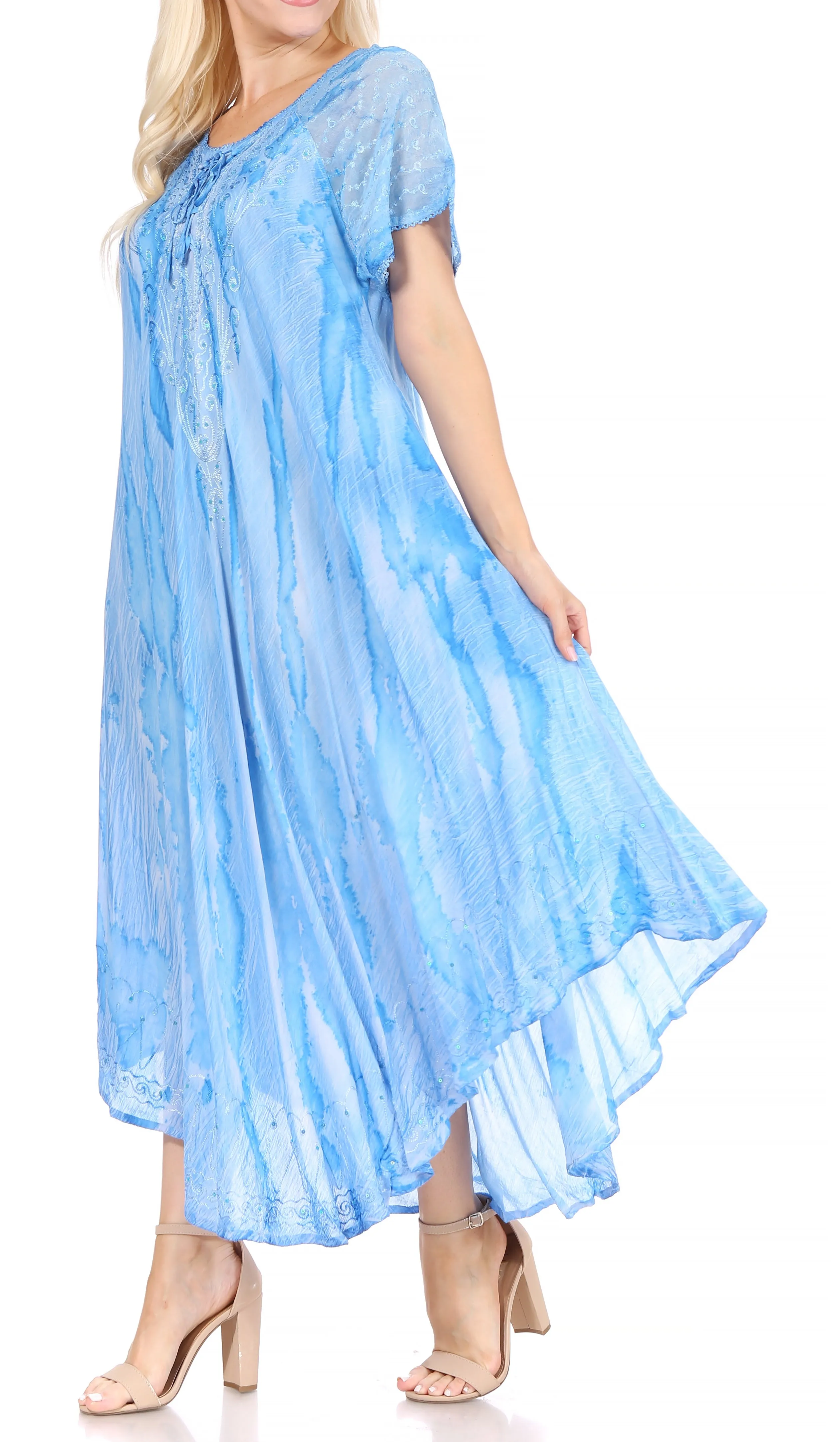 Sakkas Myani Two Tone Embroidered Sheer Cap Sleeve Caftan Long Dress | Cover Up