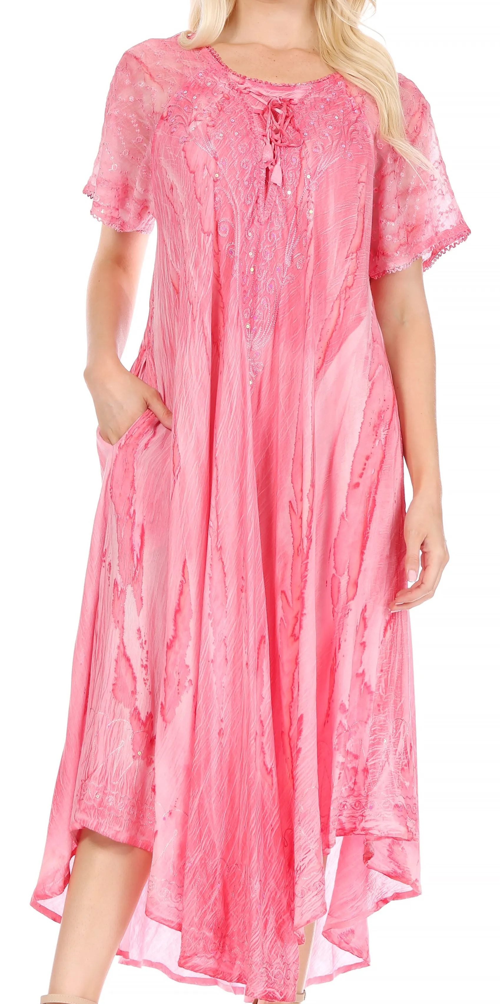 Sakkas Myani Two Tone Embroidered Sheer Cap Sleeve Caftan Long Dress | Cover Up