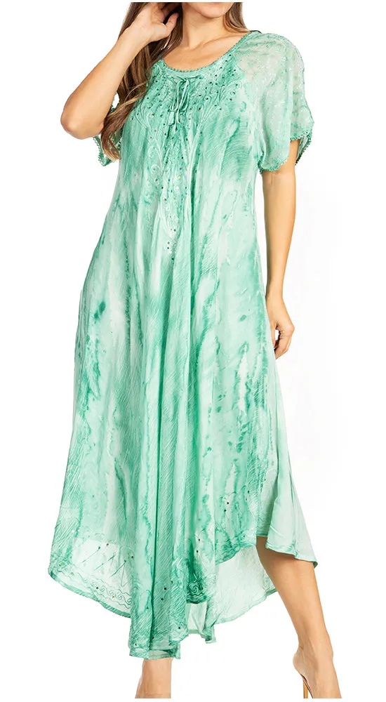 Sakkas Myani Two Tone Embroidered Sheer Cap Sleeve Caftan Long Dress | Cover Up