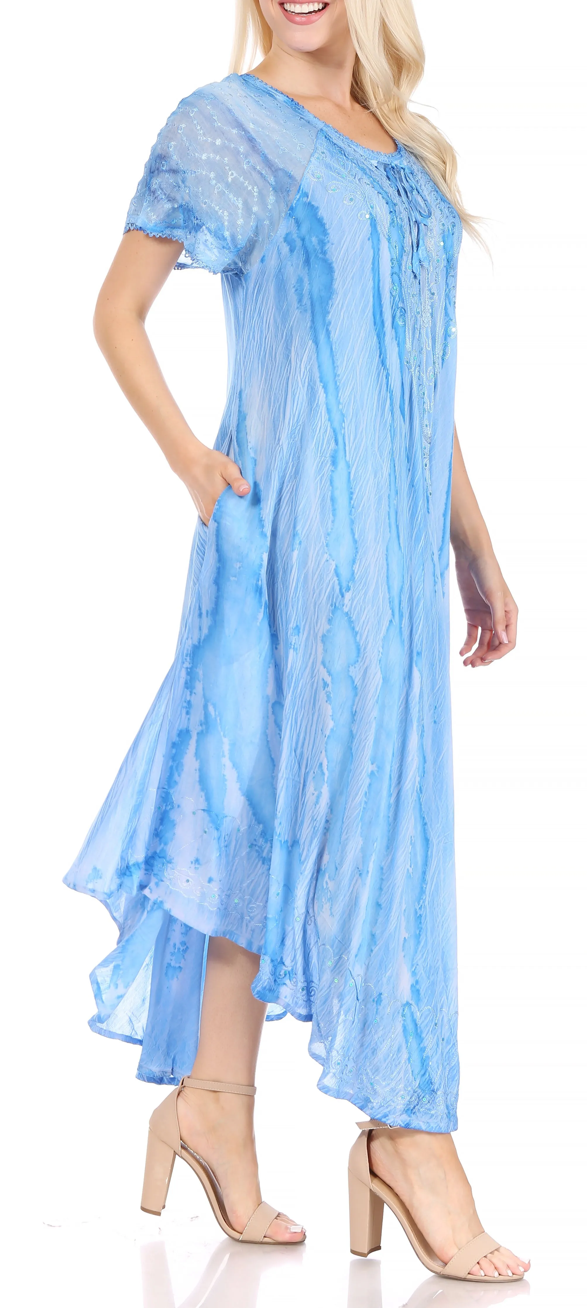 Sakkas Myani Two Tone Embroidered Sheer Cap Sleeve Caftan Long Dress | Cover Up