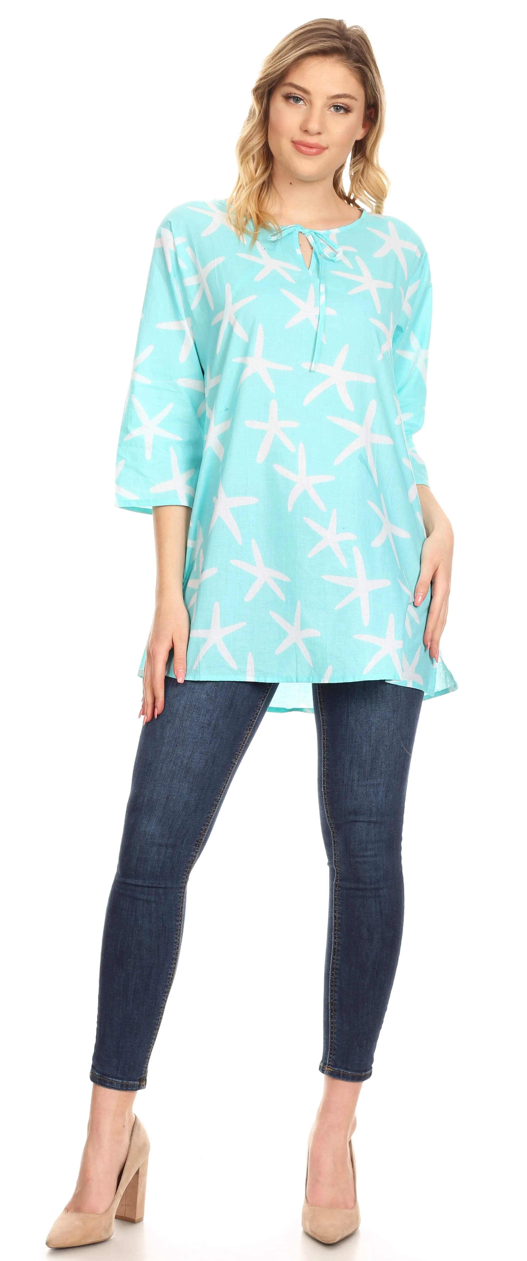 Sakkas Nila Women's Casual Summer Light 3/4 Sleeve Printed Tunic Top Cover-up