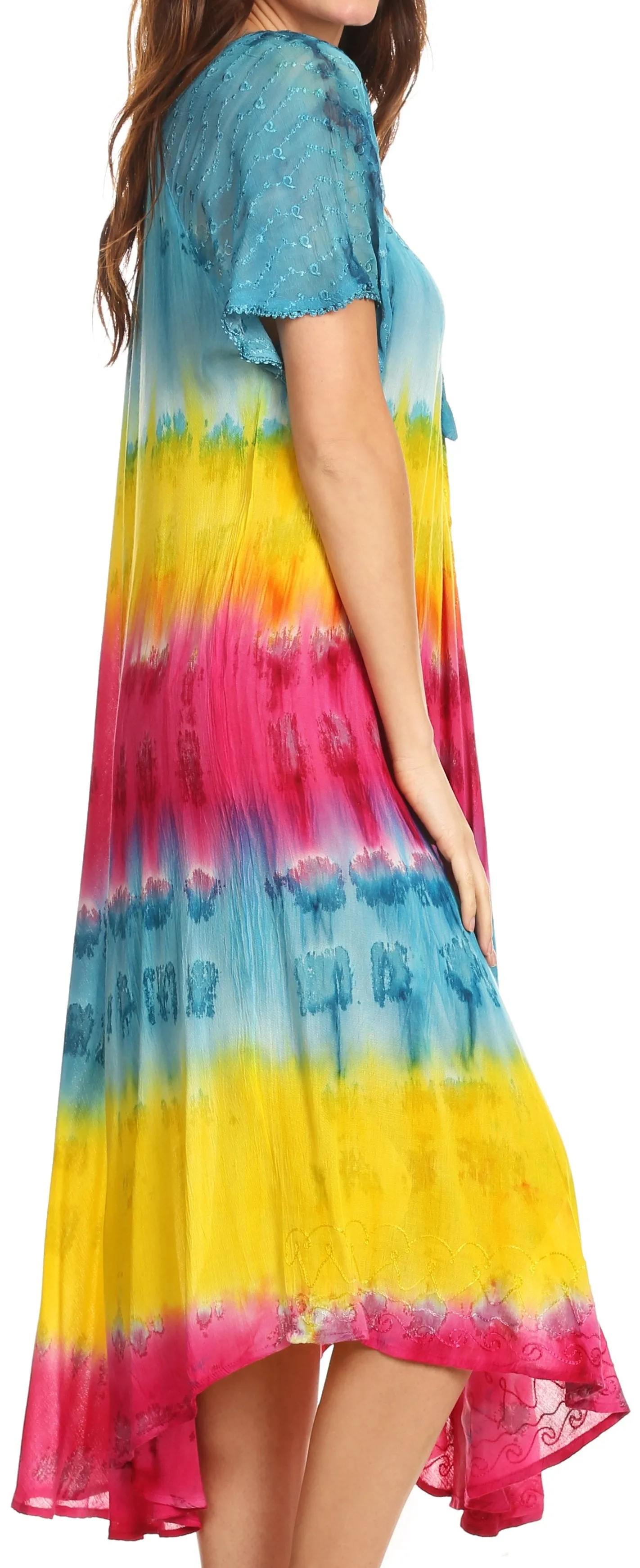 Sakkas Sula Long Laced Tie-Dye Wide Neck Embroidered Boho Sundress Cover Up