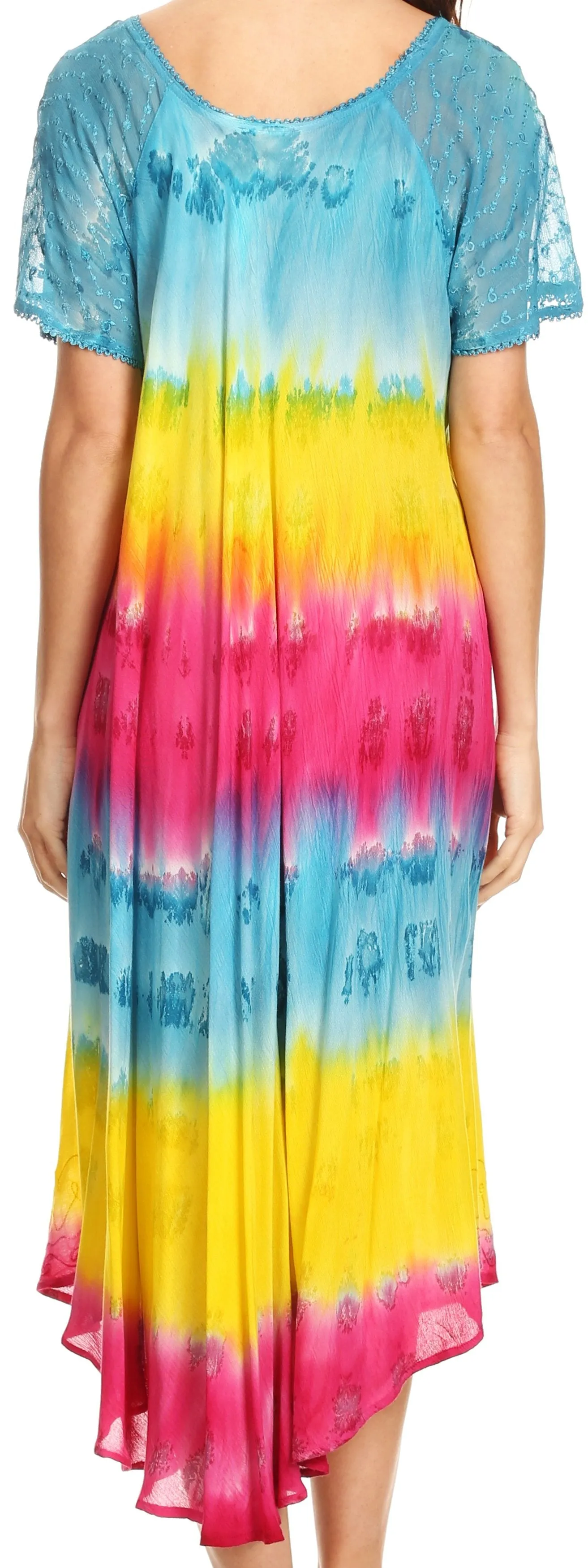 Sakkas Sula Long Laced Tie-Dye Wide Neck Embroidered Boho Sundress Cover Up