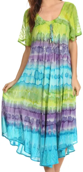 Sakkas Sula Long Laced Tie-Dye Wide Neck Embroidered Boho Sundress Cover Up