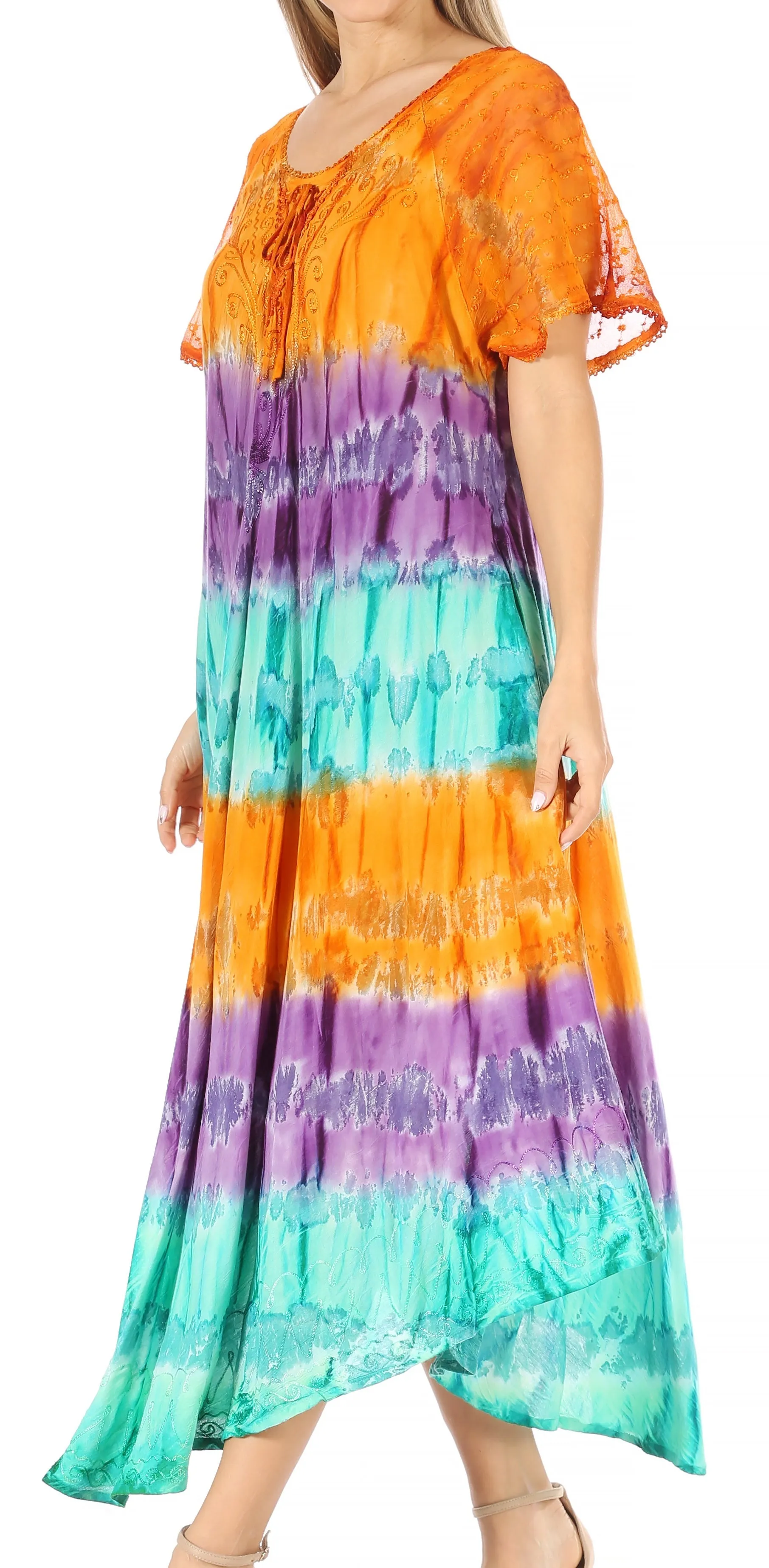 Sakkas Sula Long Laced Tie-Dye Wide Neck Embroidered Boho Sundress Cover Up