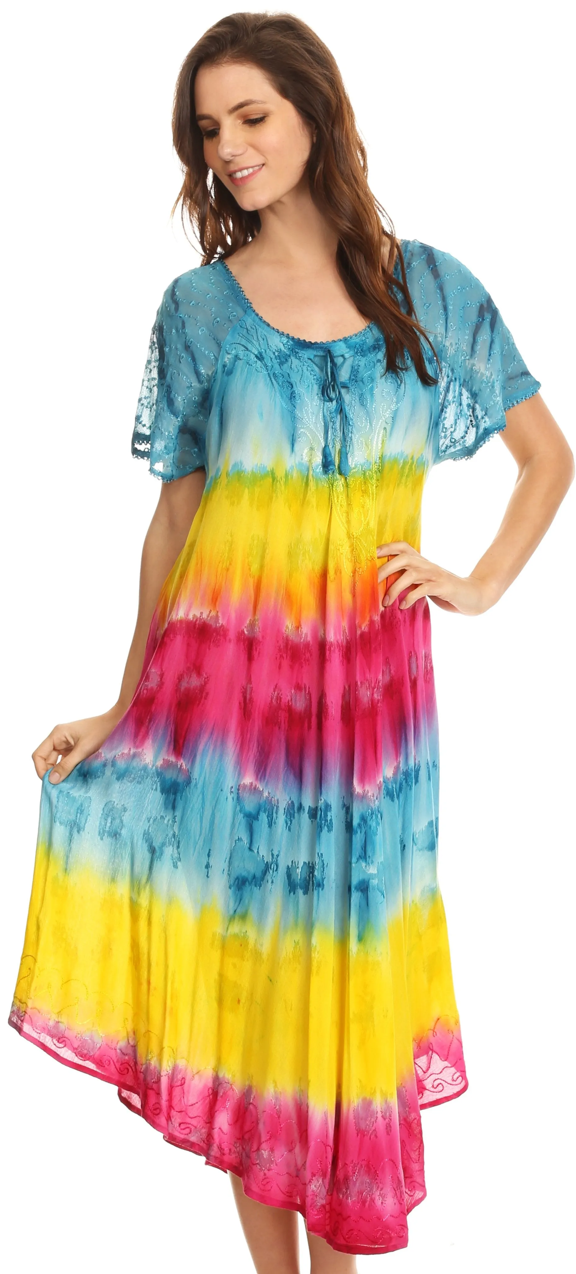 Sakkas Sula Long Laced Tie-Dye Wide Neck Embroidered Boho Sundress Cover Up