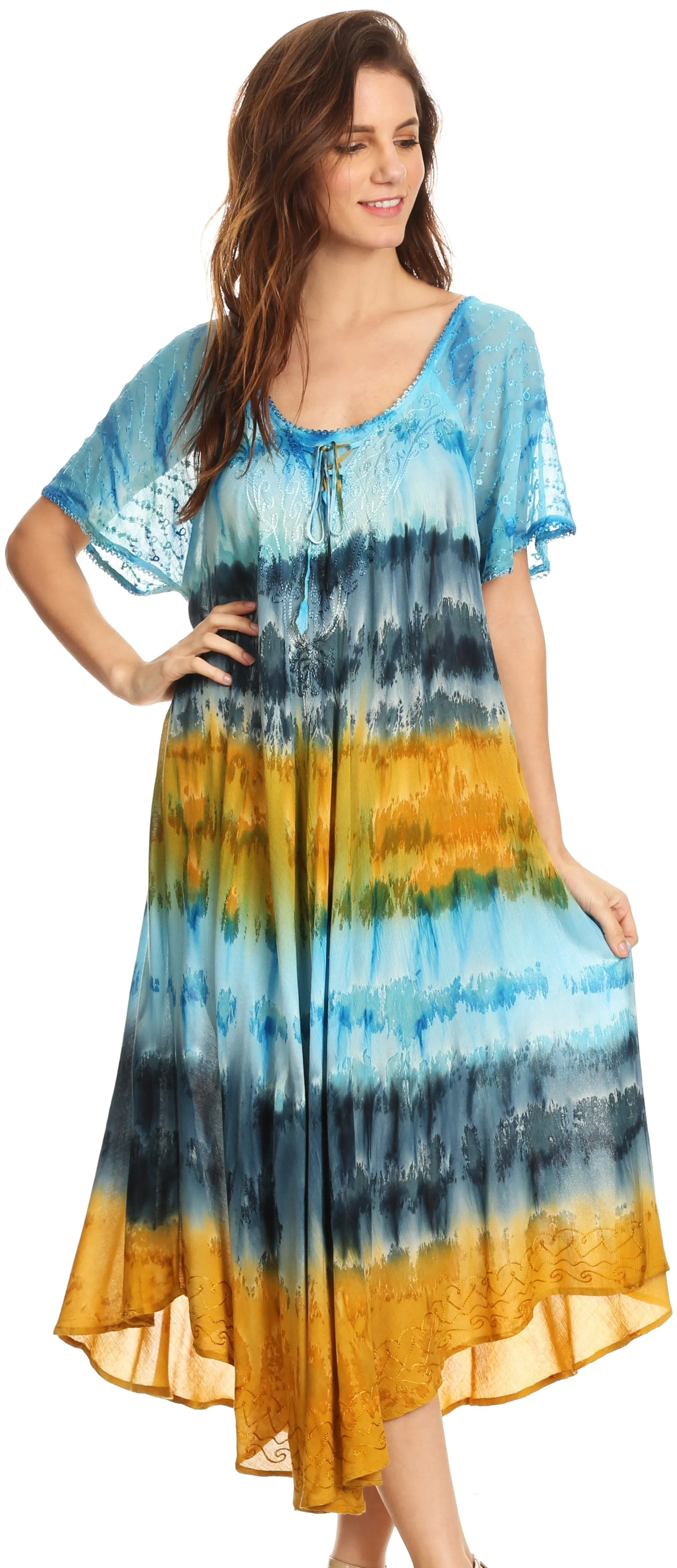 Sakkas Sula Long Laced Tie-Dye Wide Neck Embroidered Boho Sundress Cover Up