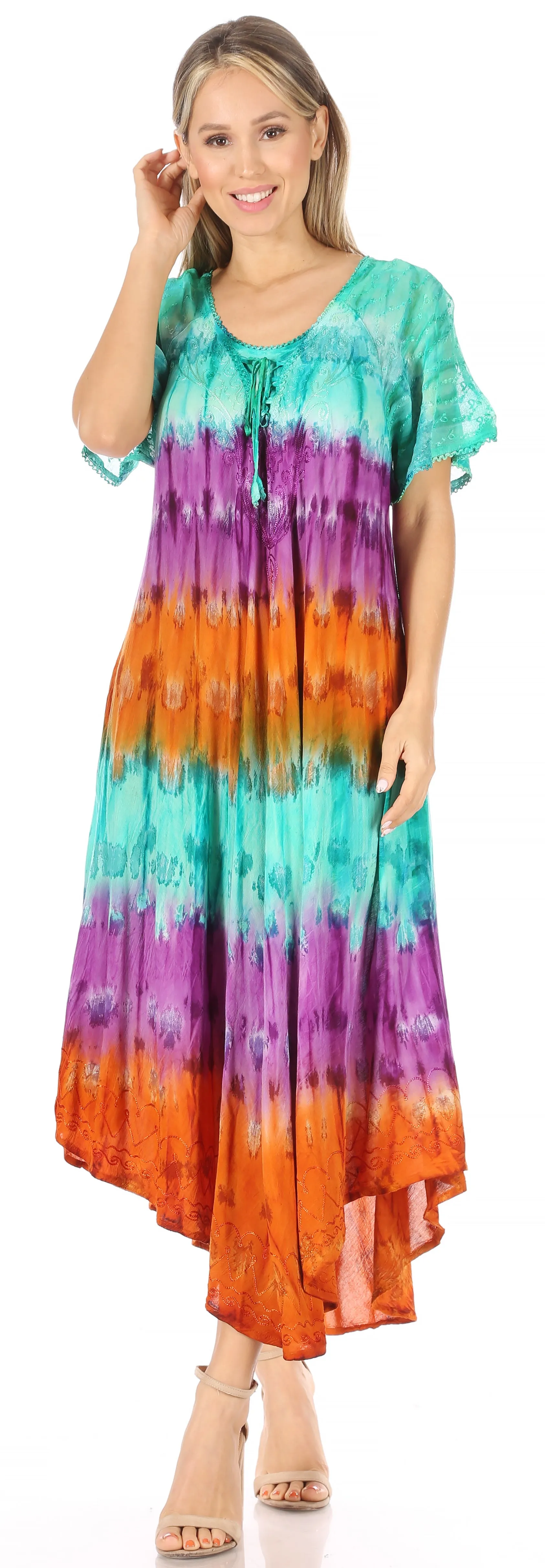 Sakkas Sula Long Laced Tie-Dye Wide Neck Embroidered Boho Sundress Cover Up