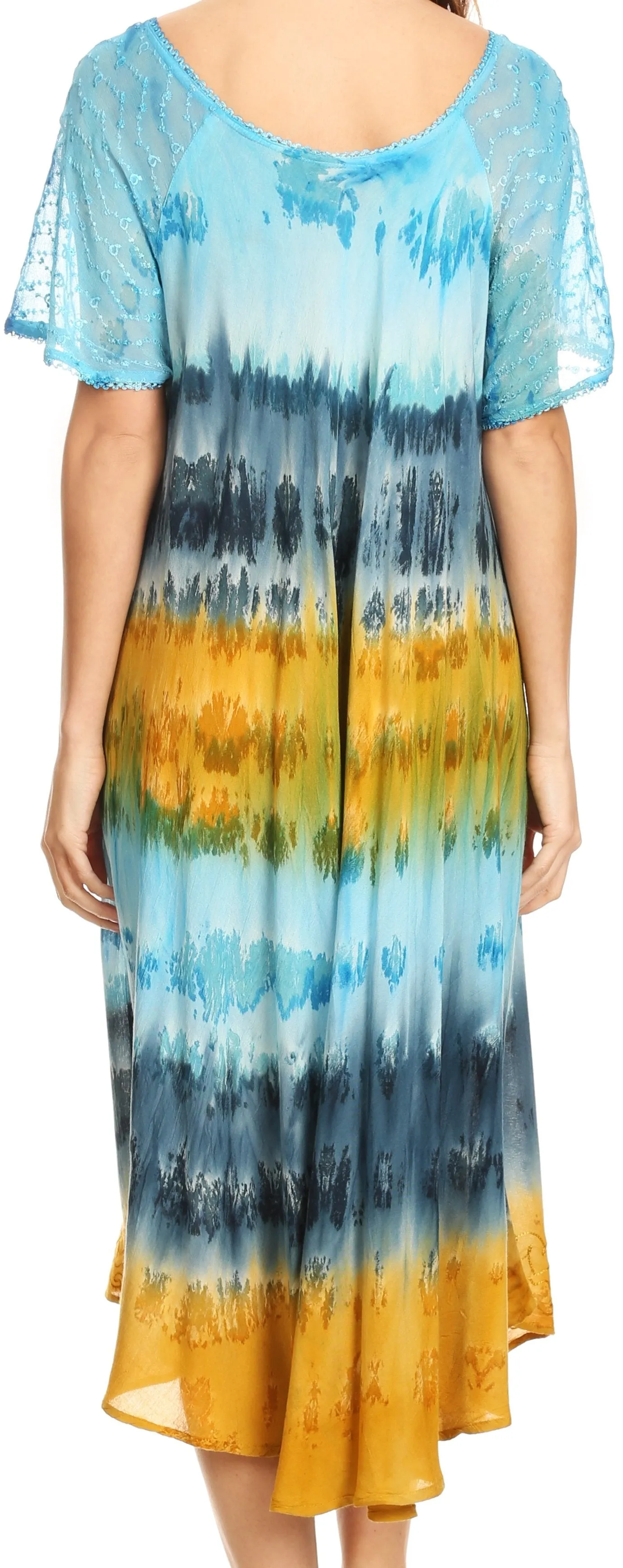 Sakkas Sula Long Laced Tie-Dye Wide Neck Embroidered Boho Sundress Cover Up