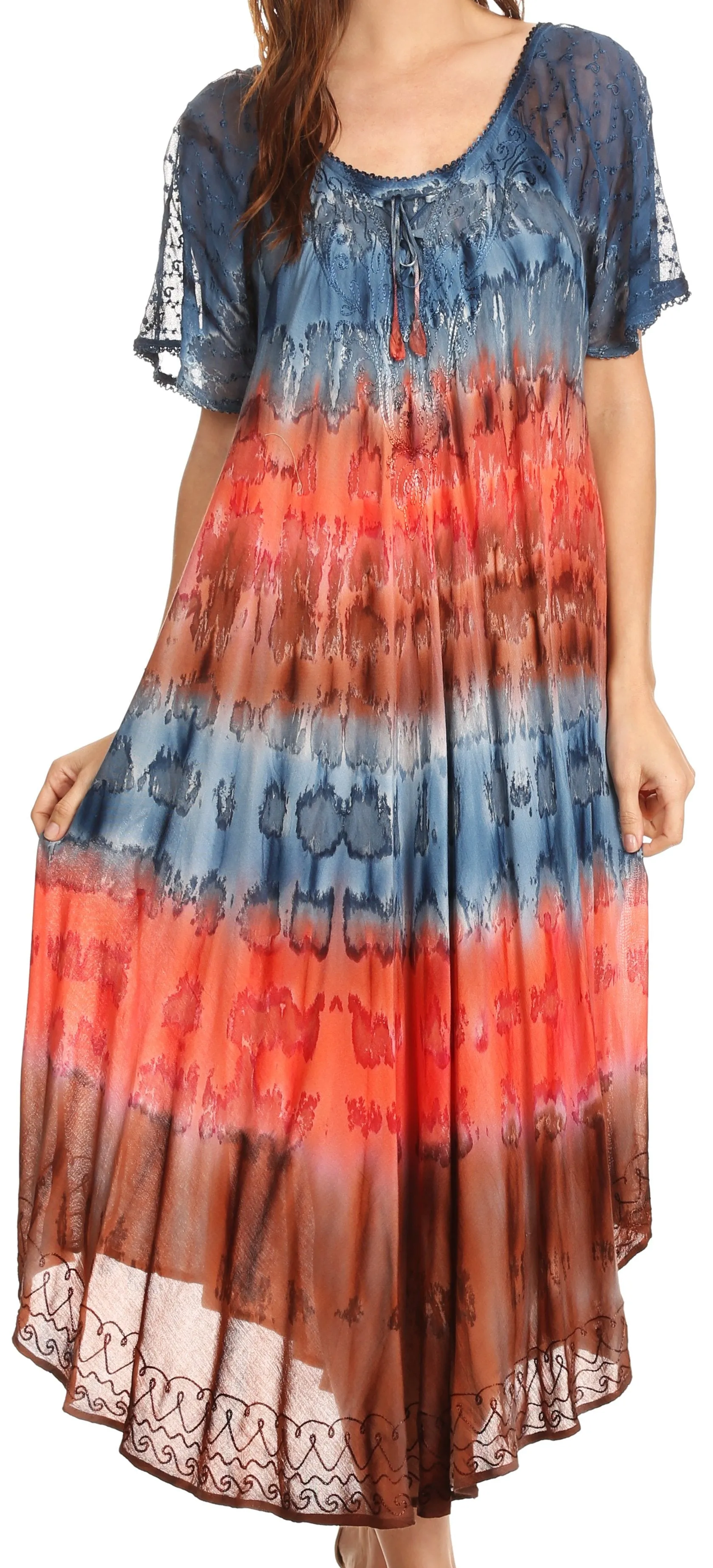 Sakkas Sula Long Laced Tie-Dye Wide Neck Embroidered Boho Sundress Cover Up