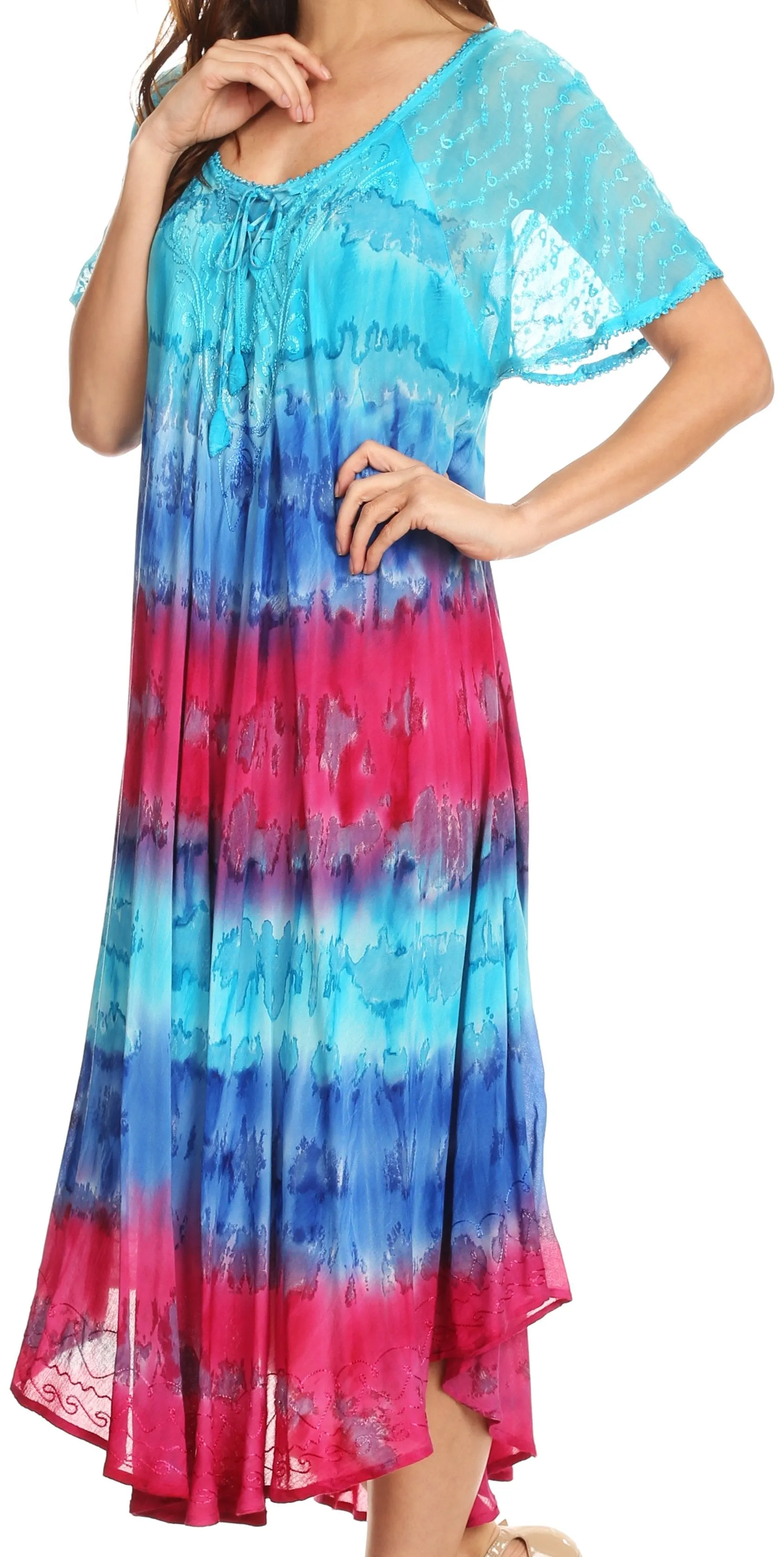 Sakkas Sula Long Laced Tie-Dye Wide Neck Embroidered Boho Sundress Cover Up