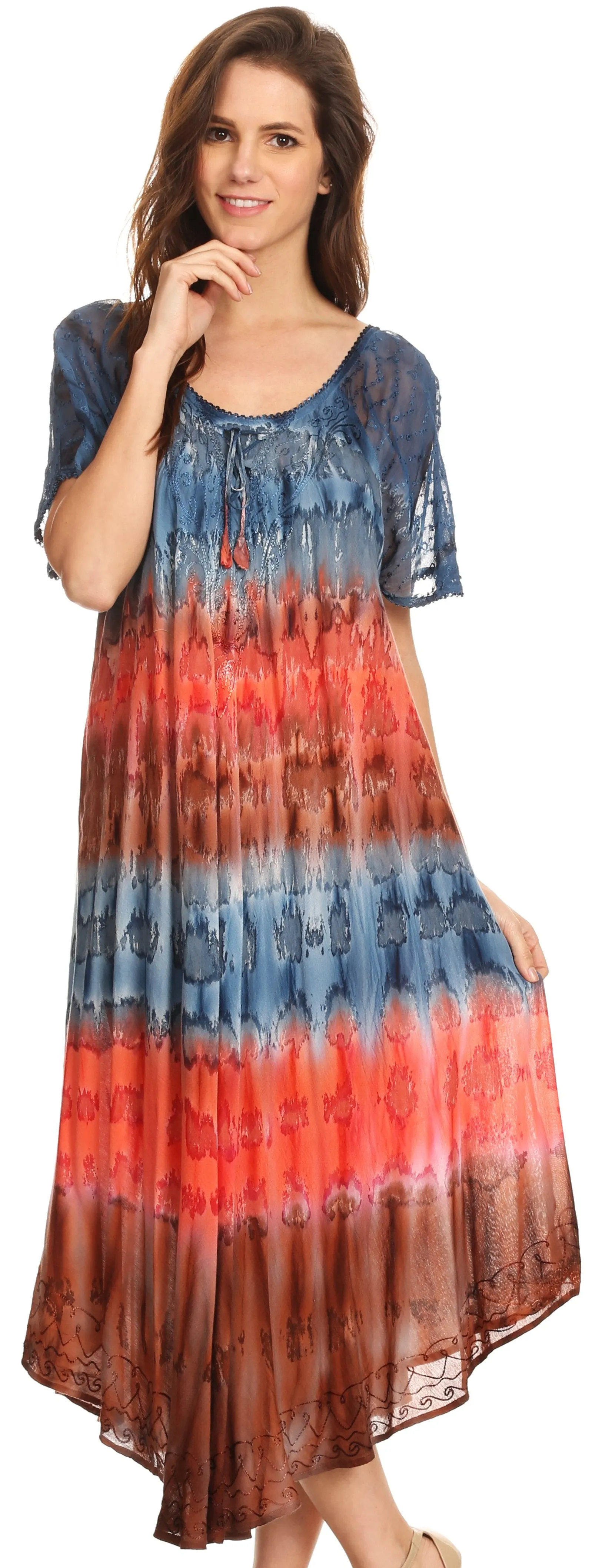 Sakkas Sula Long Laced Tie-Dye Wide Neck Embroidered Boho Sundress Cover Up