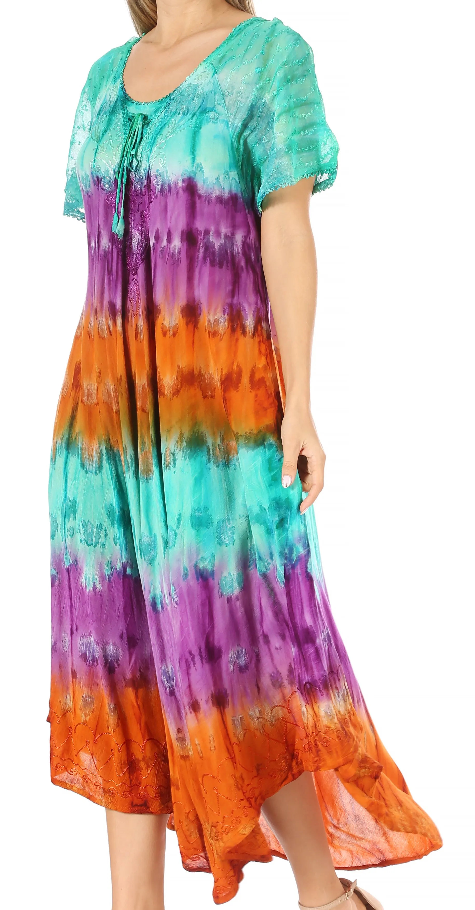 Sakkas Sula Long Laced Tie-Dye Wide Neck Embroidered Boho Sundress Cover Up