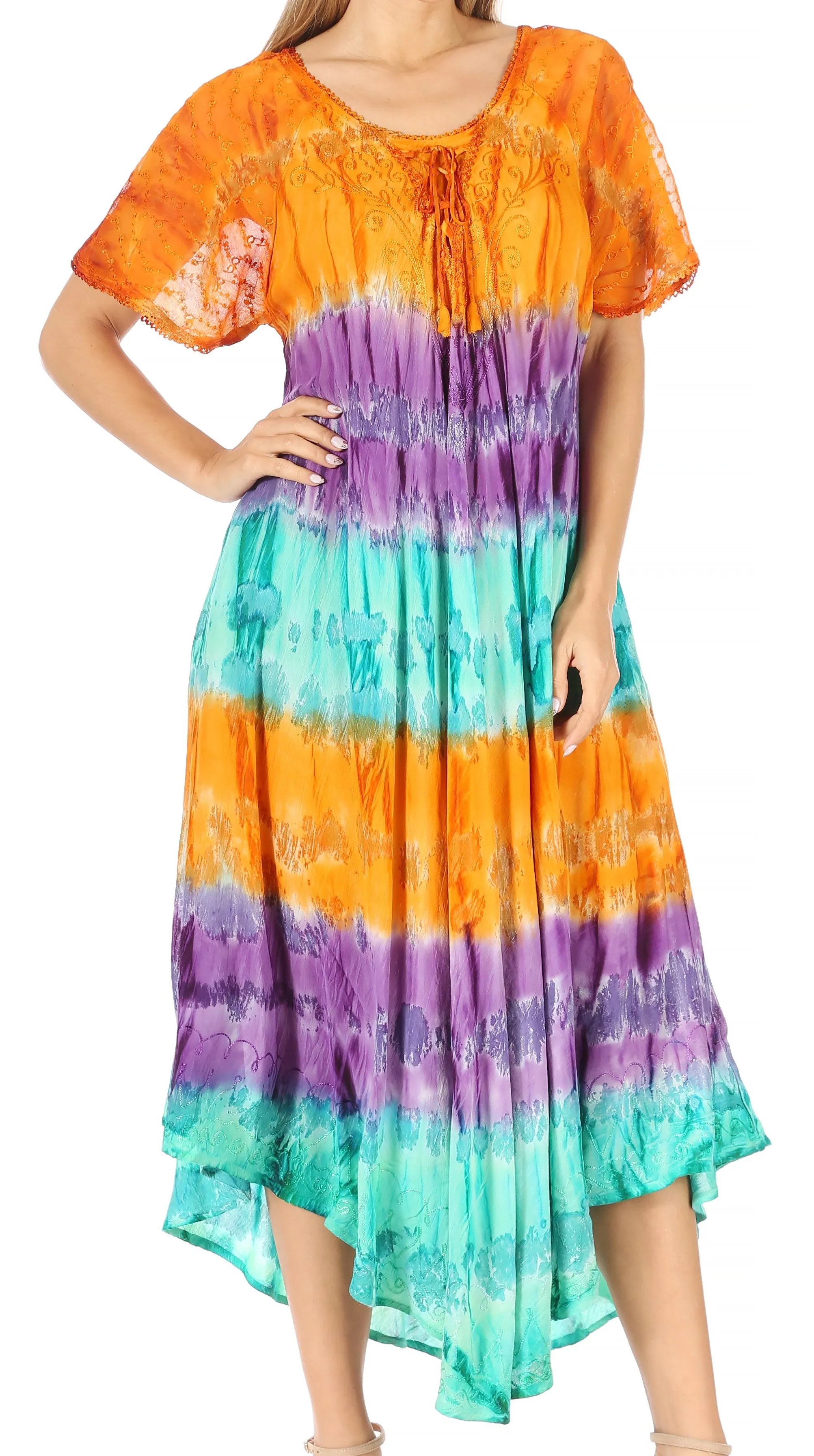 Sakkas Sula Long Laced Tie-Dye Wide Neck Embroidered Boho Sundress Cover Up