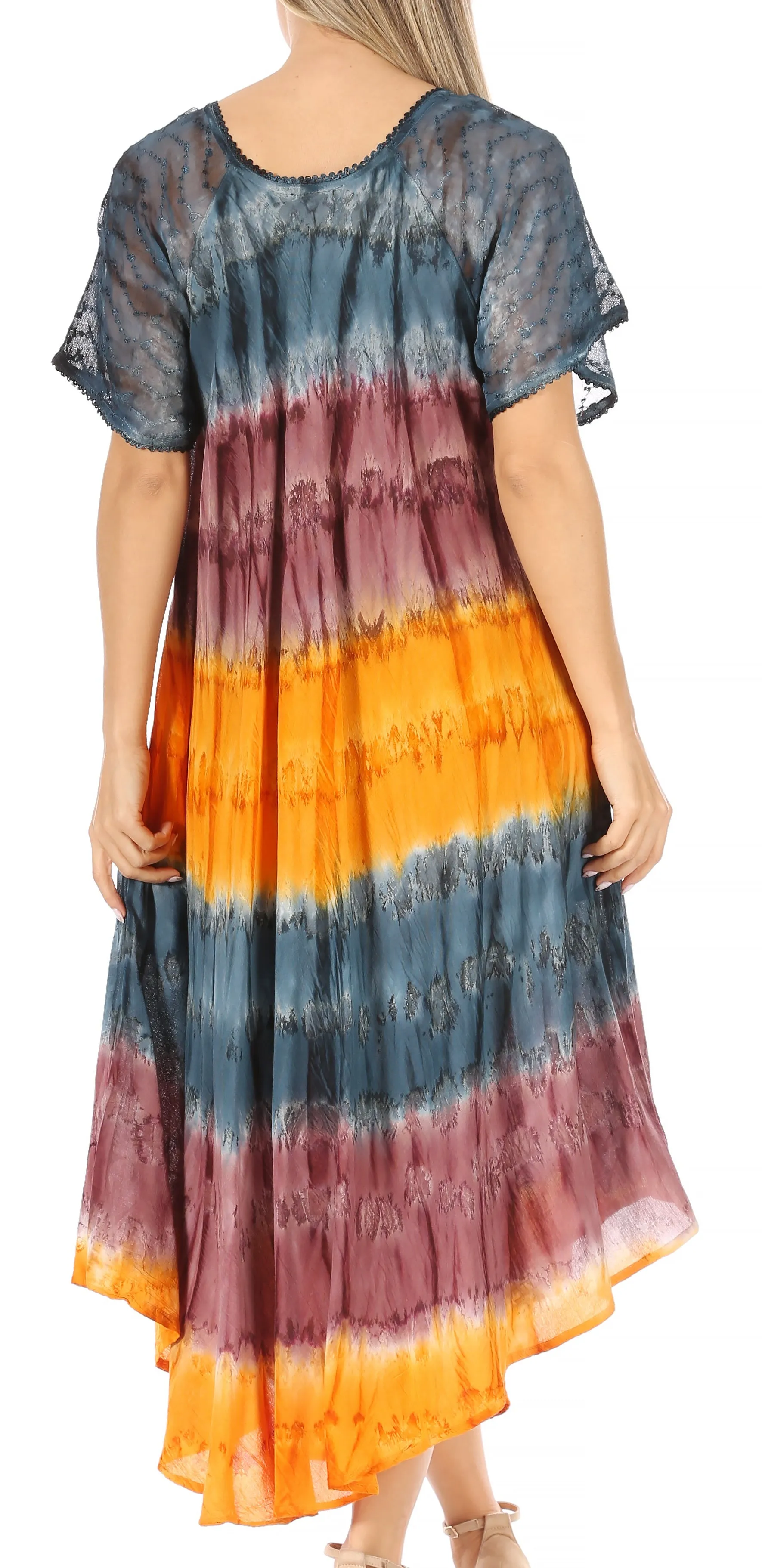 Sakkas Sula Long Laced Tie-Dye Wide Neck Embroidered Boho Sundress Cover Up