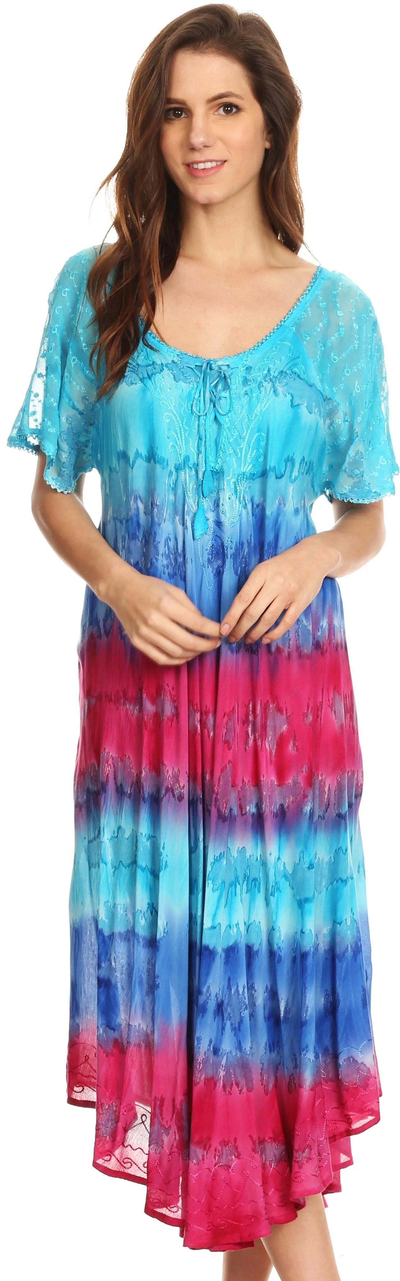 Sakkas Sula Long Laced Tie-Dye Wide Neck Embroidered Boho Sundress Cover Up