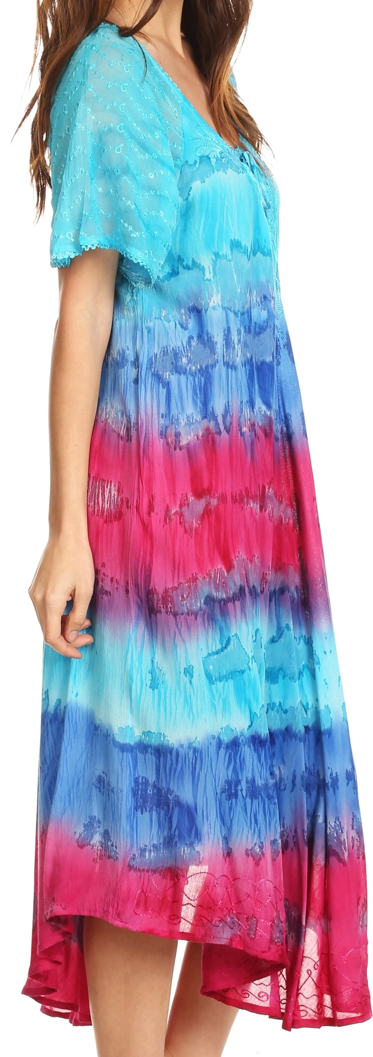 Sakkas Sula Long Laced Tie-Dye Wide Neck Embroidered Boho Sundress Cover Up