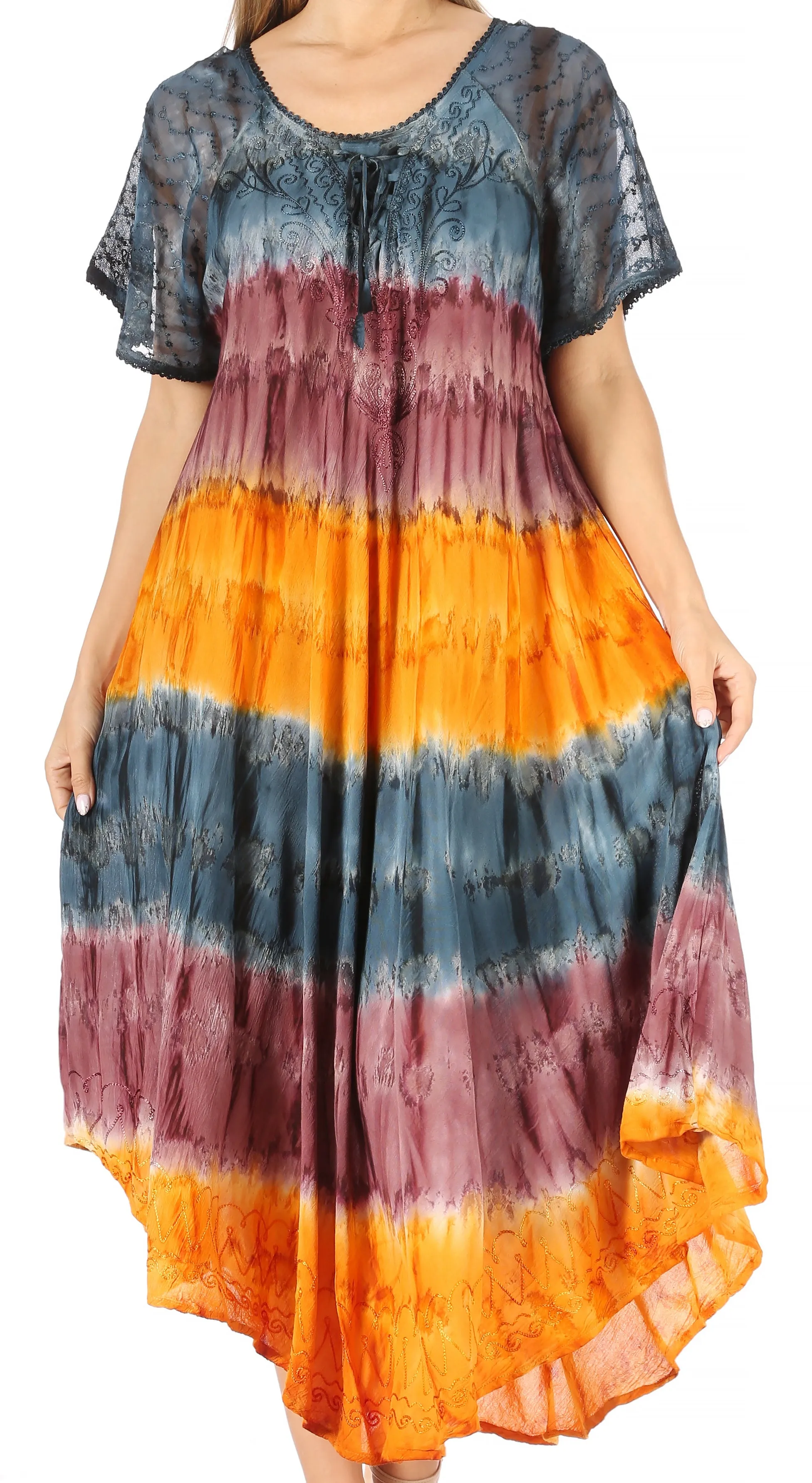 Sakkas Sula Long Laced Tie-Dye Wide Neck Embroidered Boho Sundress Cover Up