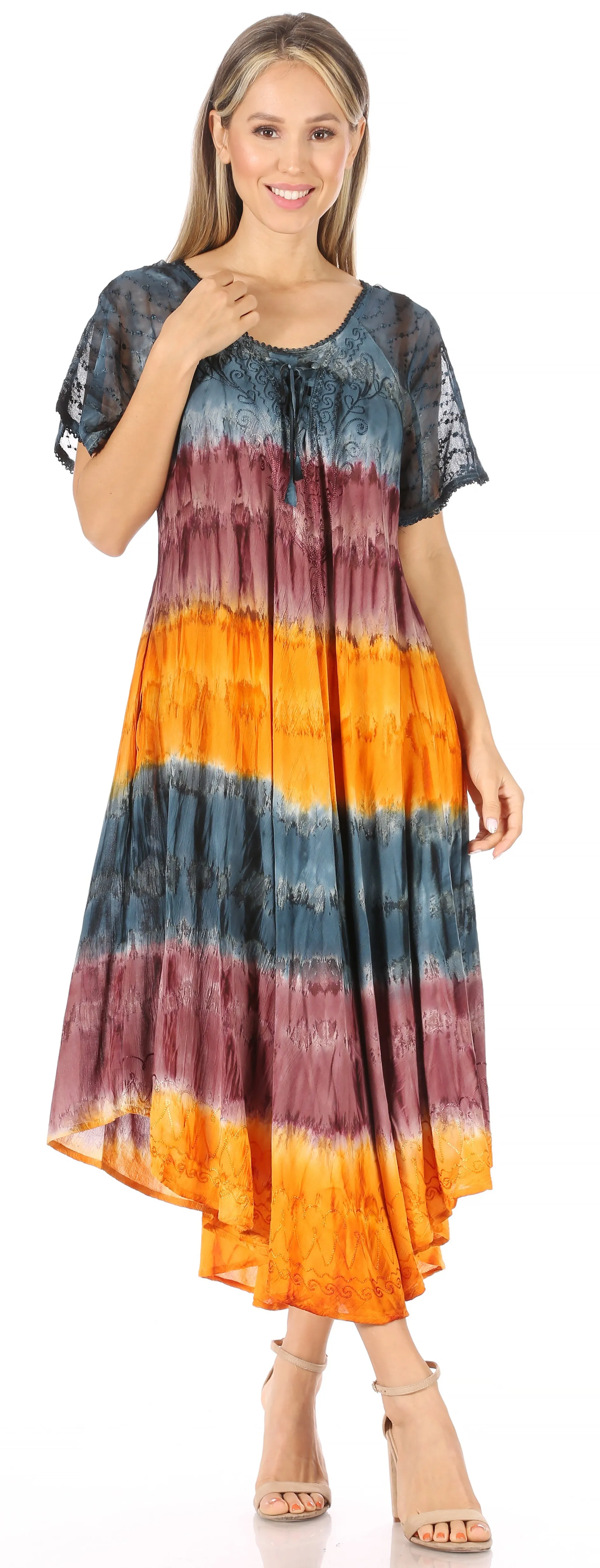 Sakkas Sula Long Laced Tie-Dye Wide Neck Embroidered Boho Sundress Cover Up