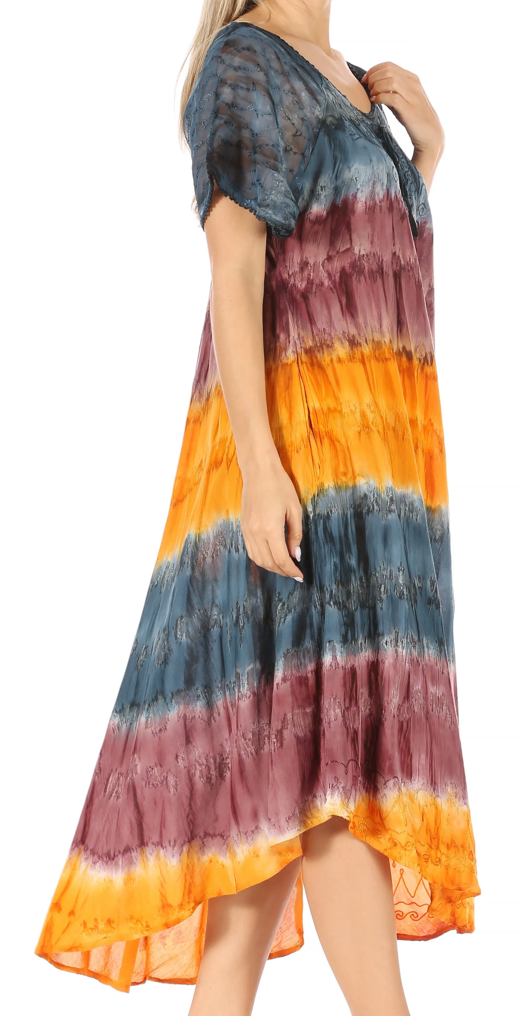 Sakkas Sula Long Laced Tie-Dye Wide Neck Embroidered Boho Sundress Cover Up