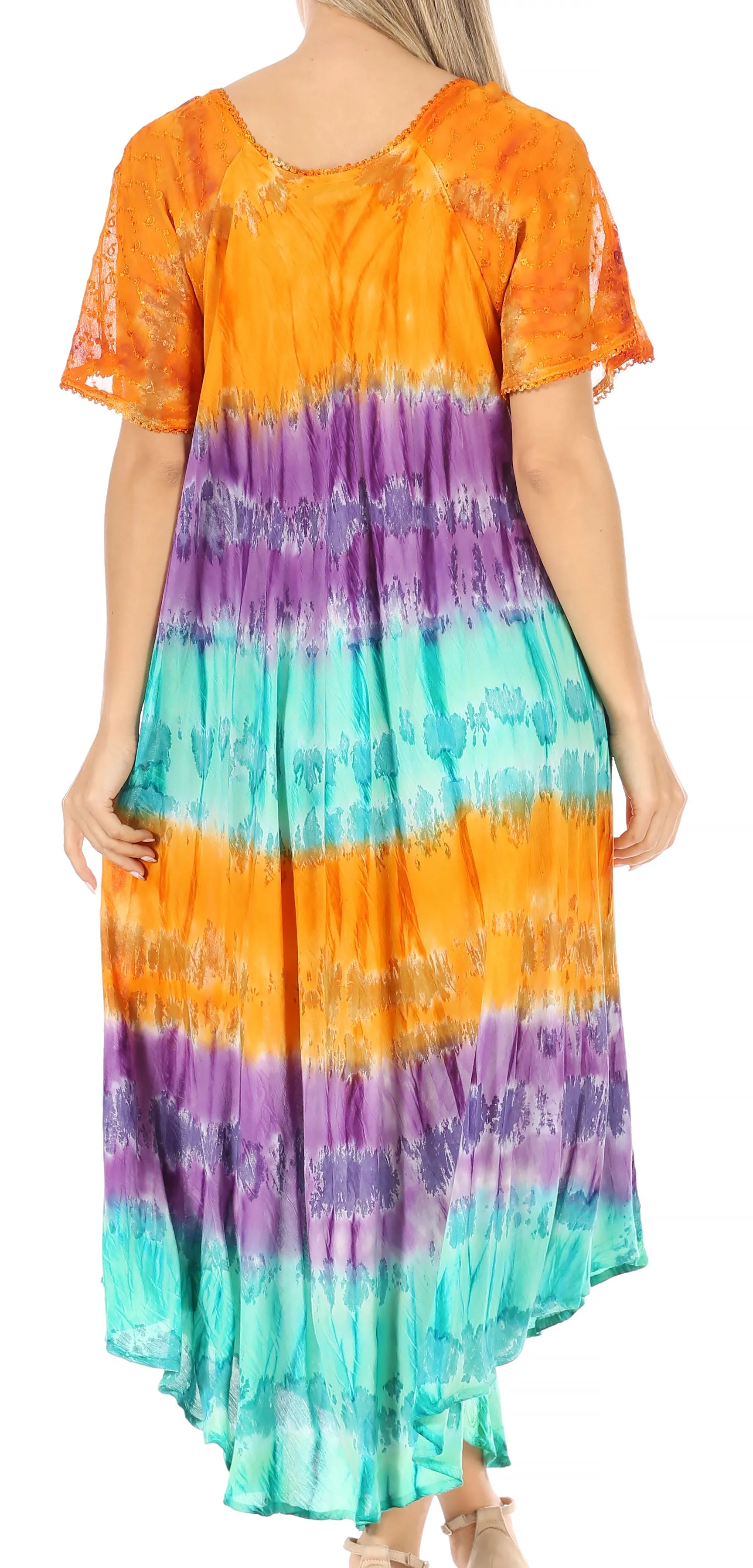 Sakkas Sula Long Laced Tie-Dye Wide Neck Embroidered Boho Sundress Cover Up