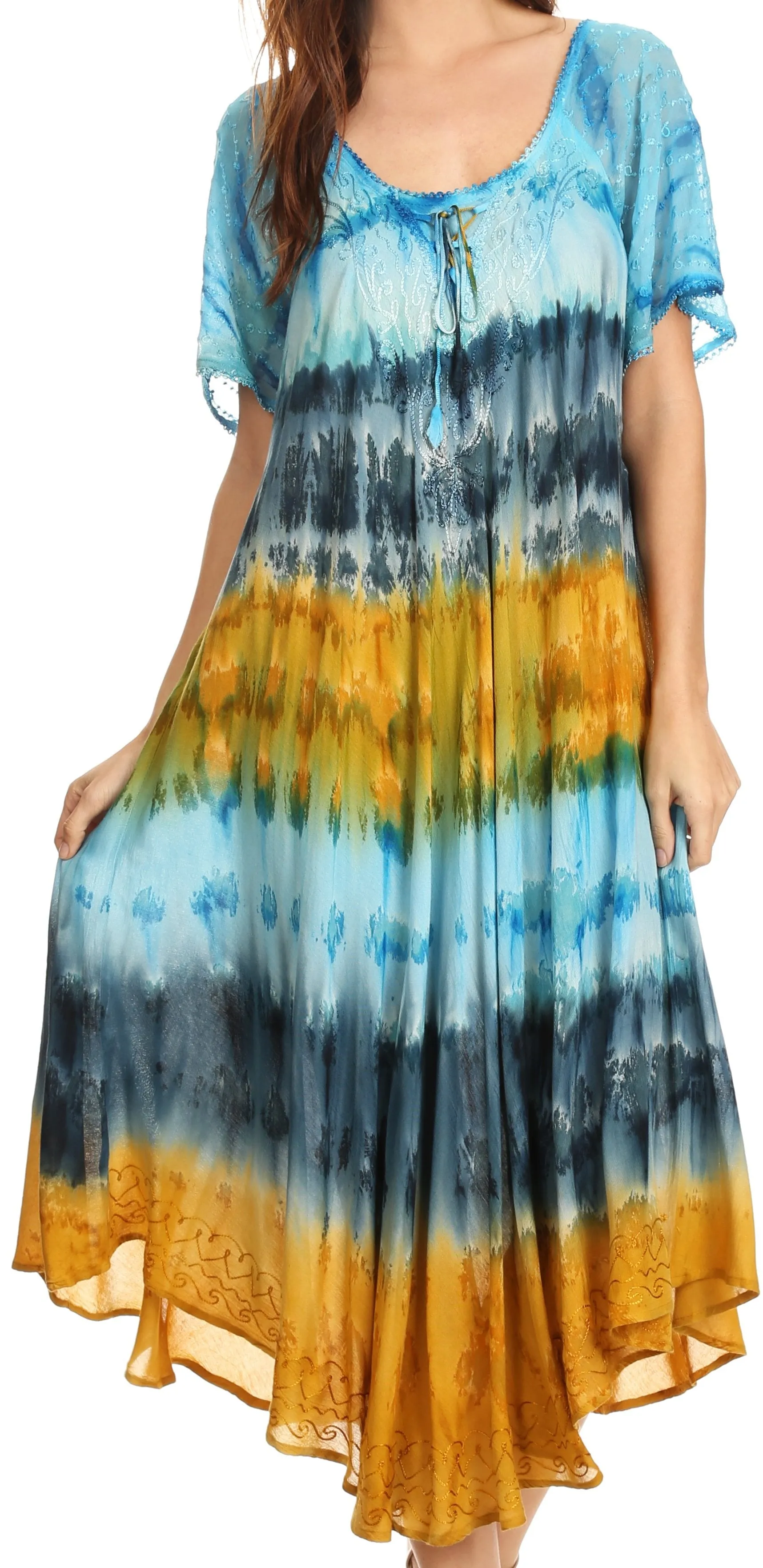 Sakkas Sula Long Laced Tie-Dye Wide Neck Embroidered Boho Sundress Cover Up