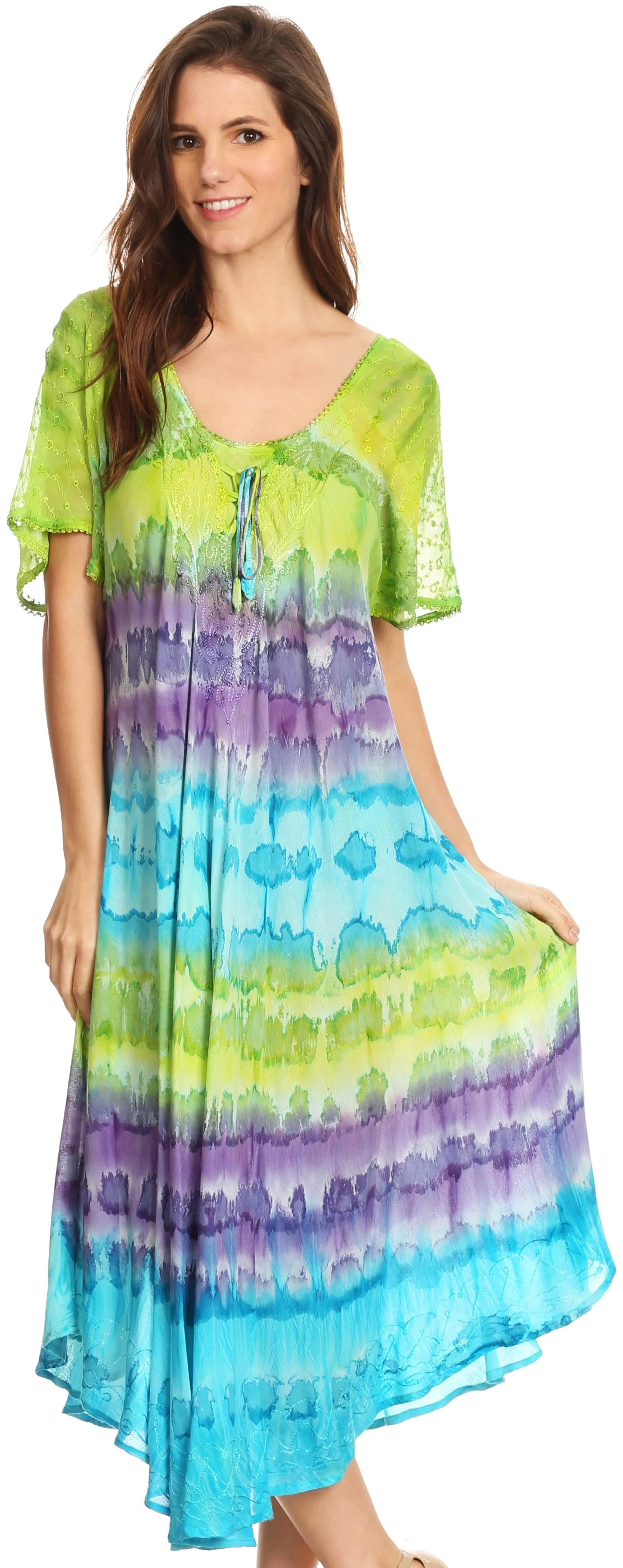 Sakkas Sula Long Laced Tie-Dye Wide Neck Embroidered Boho Sundress Cover Up