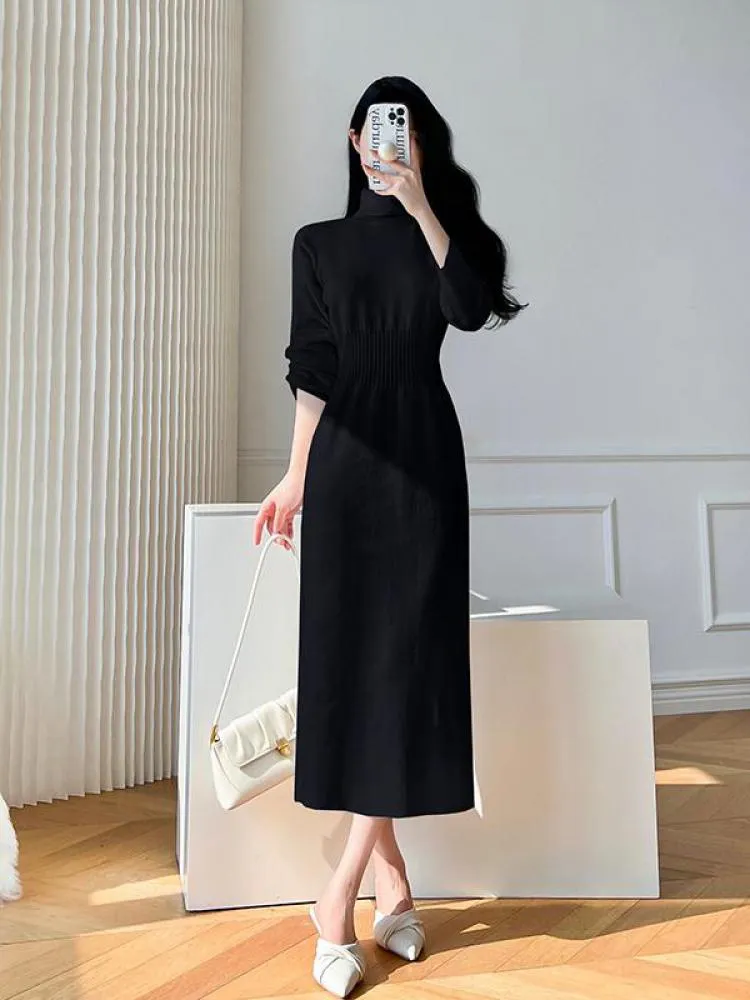 sealbeer Korean White Fashions High Neck Knitted Warm Sweater Dress Autumn Winter Female Black Classy Retro Slim Waist Long Dress Simple