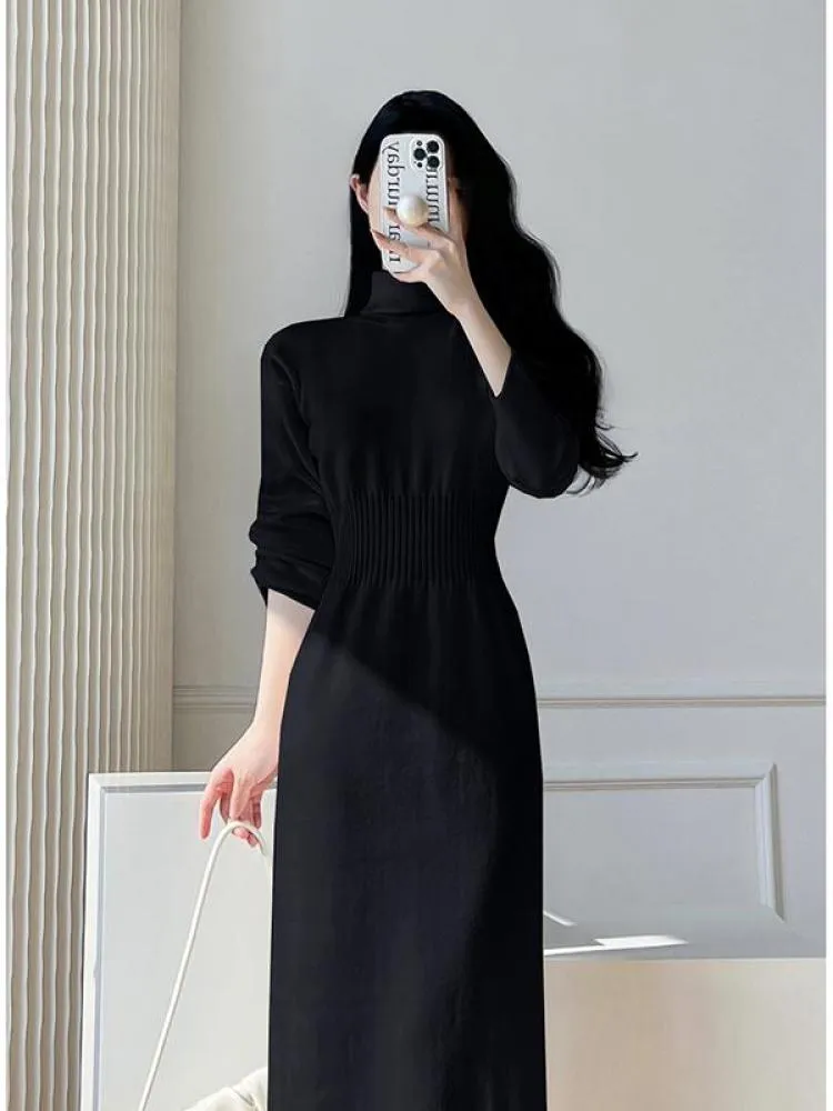 sealbeer Korean White Fashions High Neck Knitted Warm Sweater Dress Autumn Winter Female Black Classy Retro Slim Waist Long Dress Simple