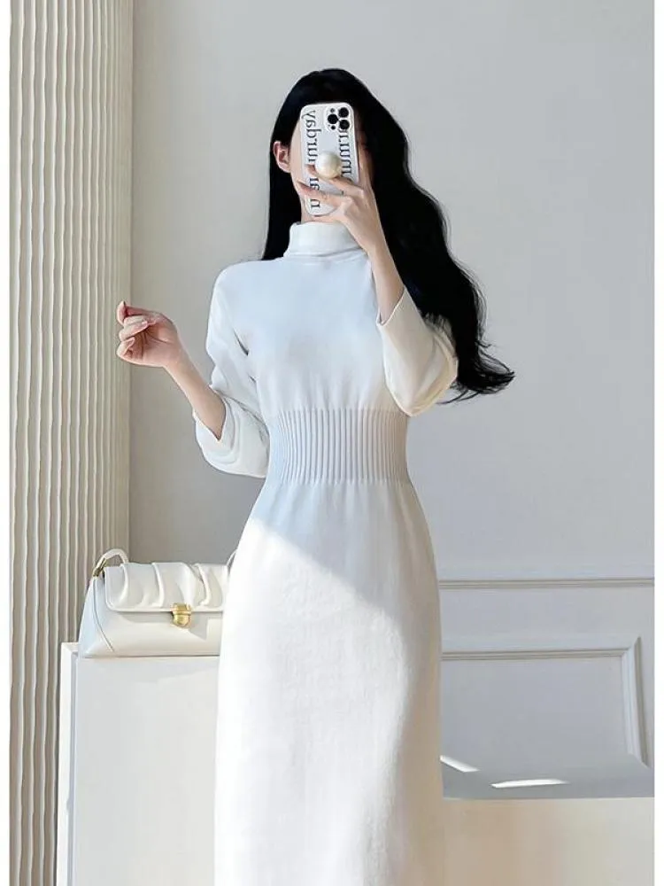 sealbeer Korean White Fashions High Neck Knitted Warm Sweater Dress Autumn Winter Female Black Classy Retro Slim Waist Long Dress Simple