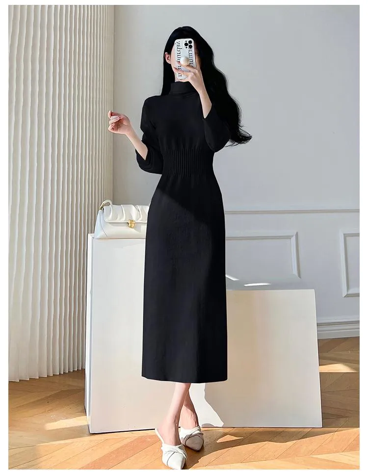 sealbeer Korean White Fashions High Neck Knitted Warm Sweater Dress Autumn Winter Female Black Classy Retro Slim Waist Long Dress Simple