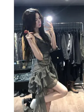 Sexy Dark Sleeveless V-neck Women Dresses Cascading Ruffles Asymmetrical Femme Robe Harajuku Summer Camisole Dress