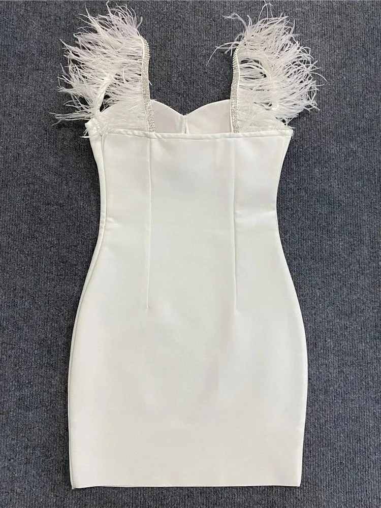 Sexy Slimming Mini Dresses For Women Squaer Collar Sleeveless High Wiast Solid Spliced Feathers Camisole Dress Female New