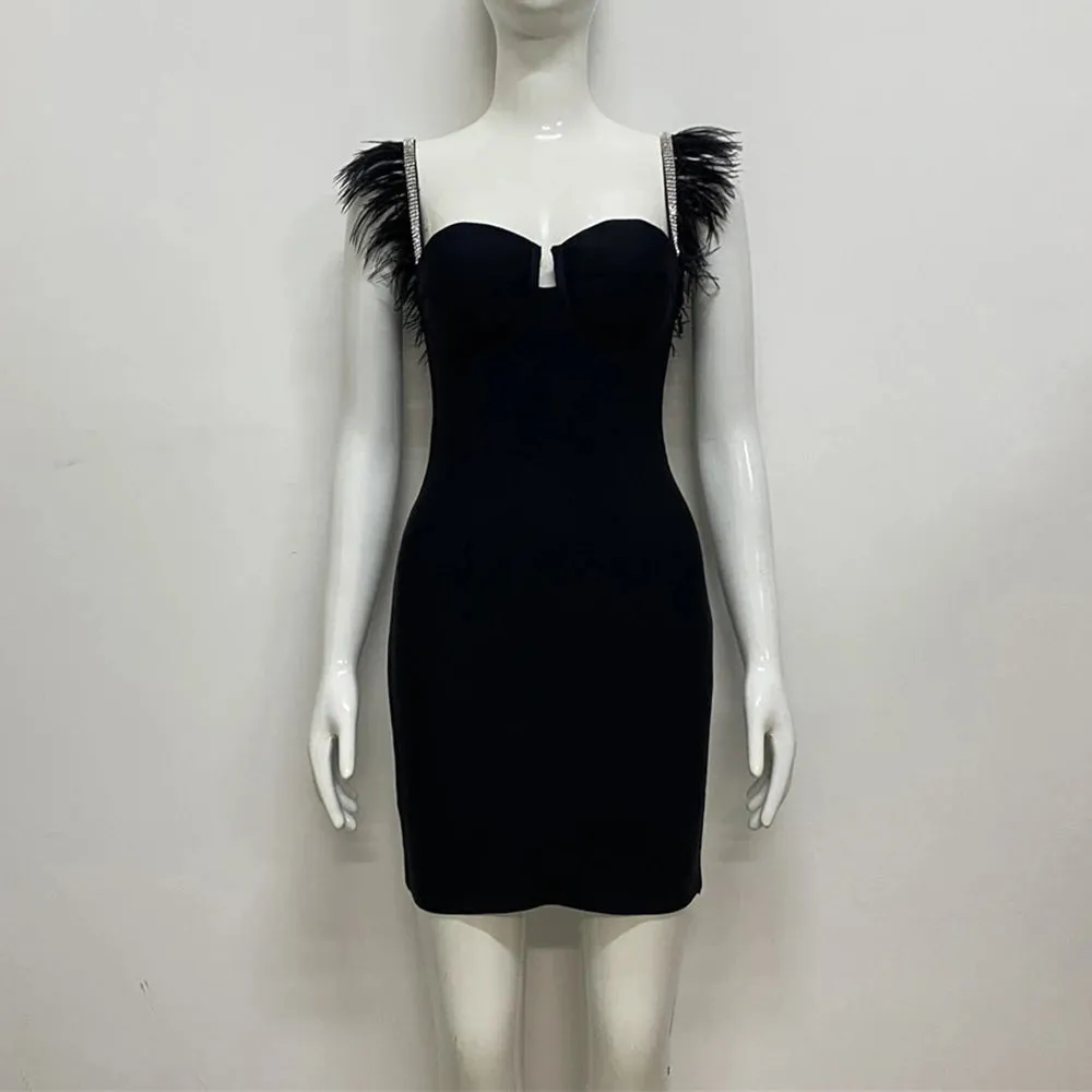 Sexy Slimming Mini Dresses For Women Squaer Collar Sleeveless High Wiast Solid Spliced Feathers Camisole Dress Female New