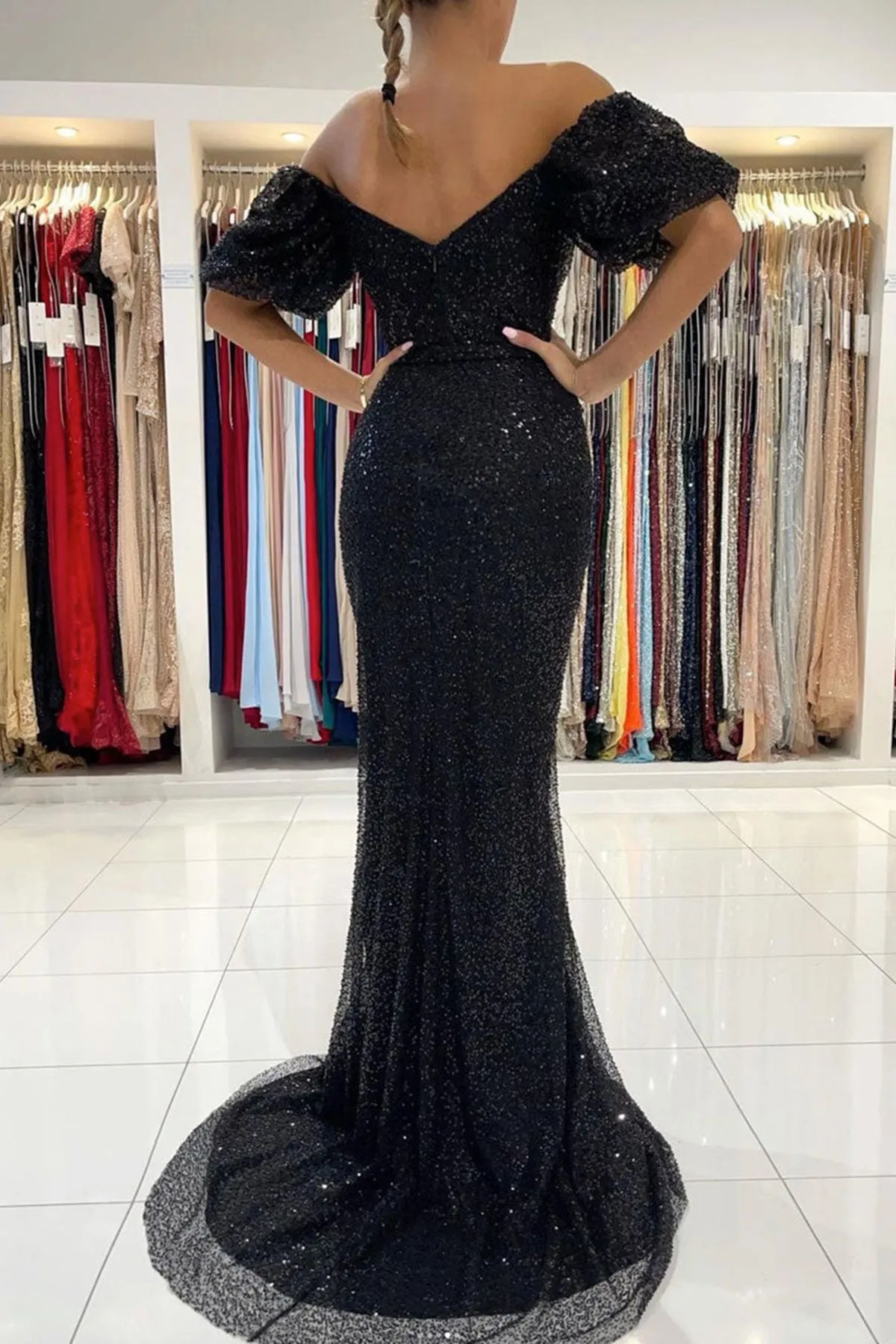 Shiny Tulle Mermaid Off Shoulder Black Long Prom Dress with High Slit, Mermaid Black Formal Graduation Evening Dress A1428