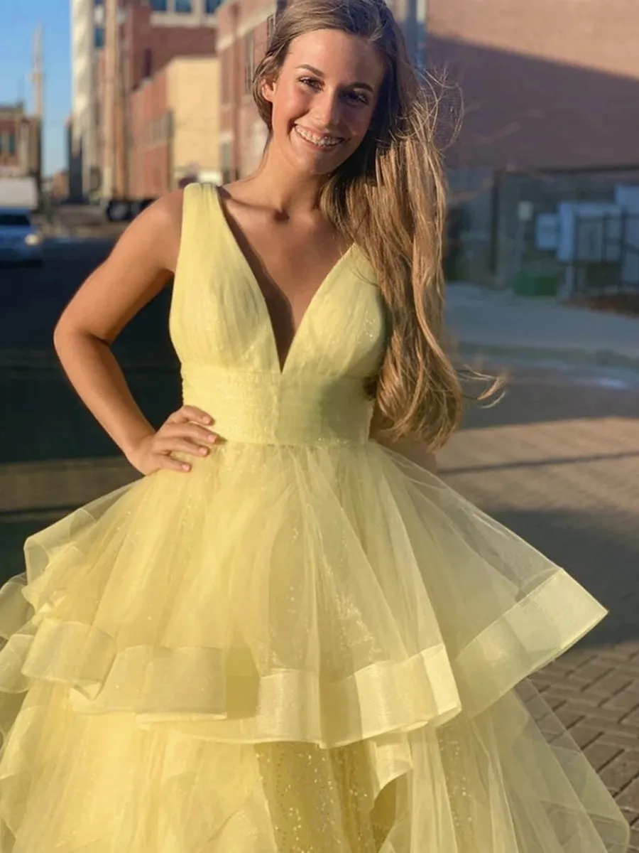 Shiny V Neck Sequins Yellow Long Prom Dresses, Fluffy Yellow Formal Evening Dresses, Sparkly Ball