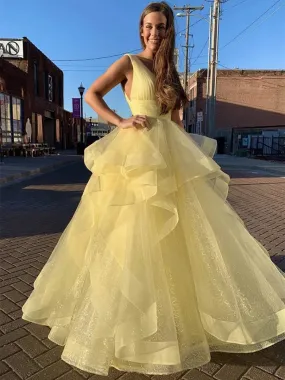 Shiny V Neck Sequins Yellow Long Prom Dresses, Fluffy Yellow Formal Evening Dresses, Sparkly Ball