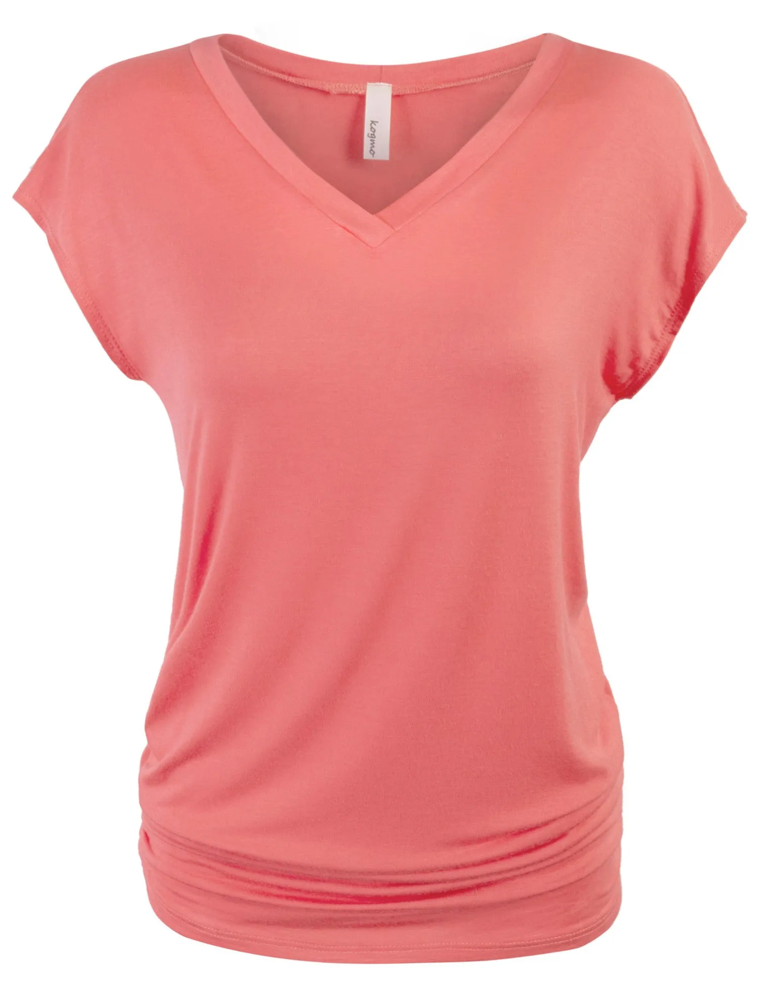 Short Sleeve Solid Basic Tunic Top Tee with Side Shirring V neck