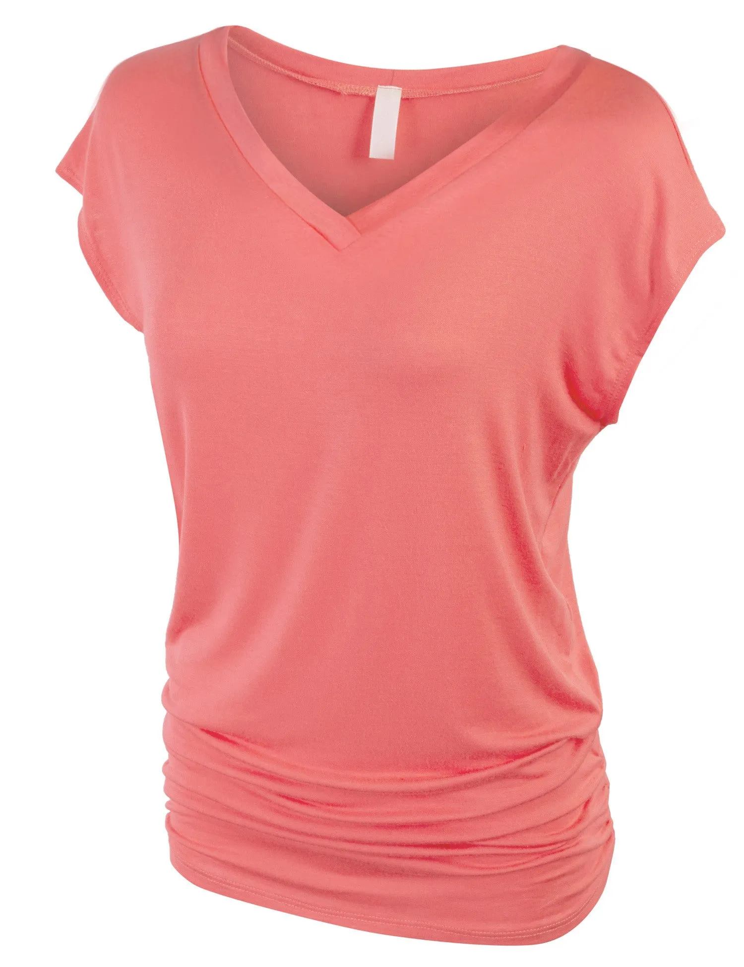 Short Sleeve Solid Basic Tunic Top Tee with Side Shirring V neck