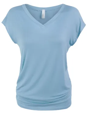 Short Sleeve Solid Basic Tunic Top Tee with Side Shirring V neck