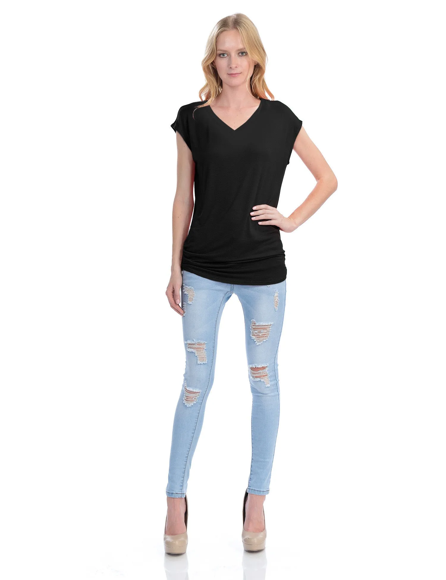 Short Sleeve Solid Basic Tunic Top Tee with Side Shirring V neck