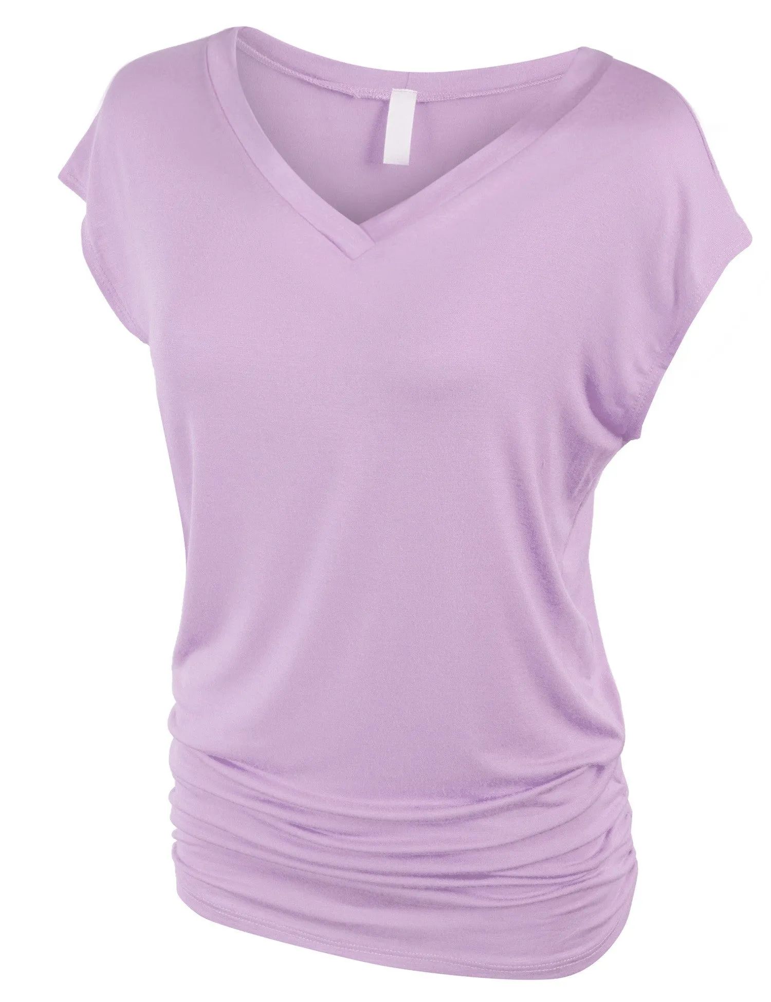 Short Sleeve Solid Basic Tunic Top Tee with Side Shirring V neck