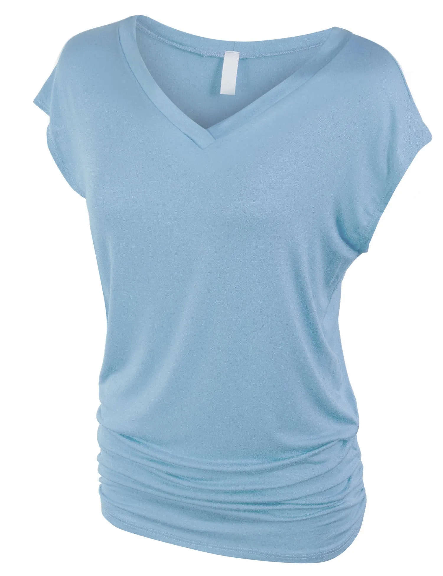 Short Sleeve Solid Basic Tunic Top Tee with Side Shirring V neck