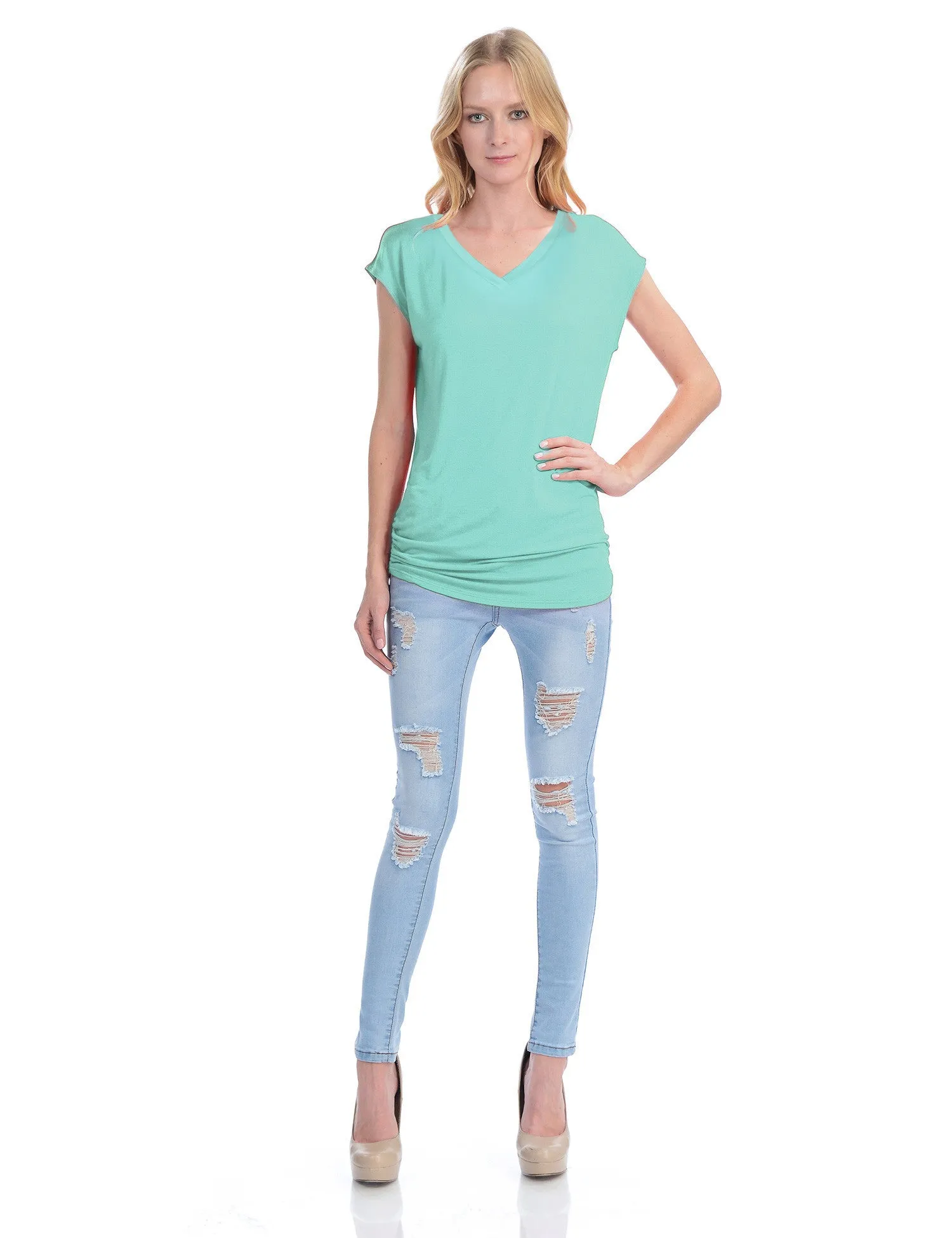 Short Sleeve Solid Basic Tunic Top Tee with Side Shirring V neck